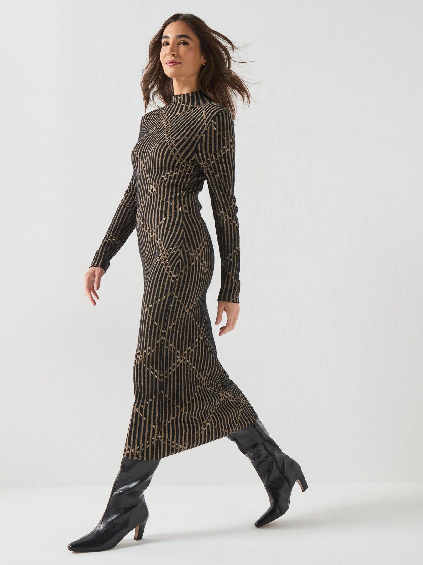 Image 1 of 6 of Barbour Womens Midi High Neck Stripe Jumper Dress - Black