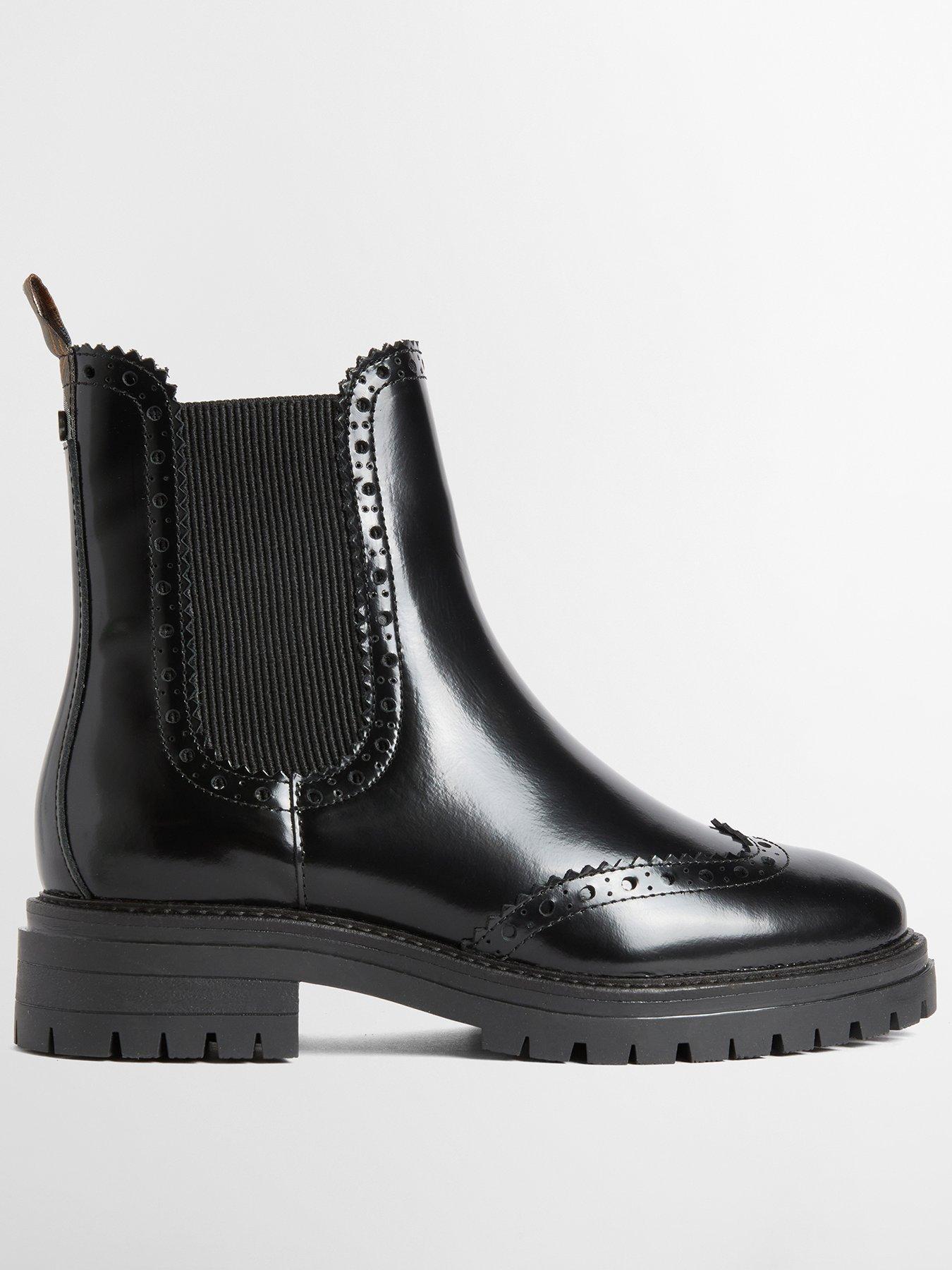 Image 1 of 4 of Barbour Womens Brogue Detail Lug Sole Pull-On Chelsea Boots - Black