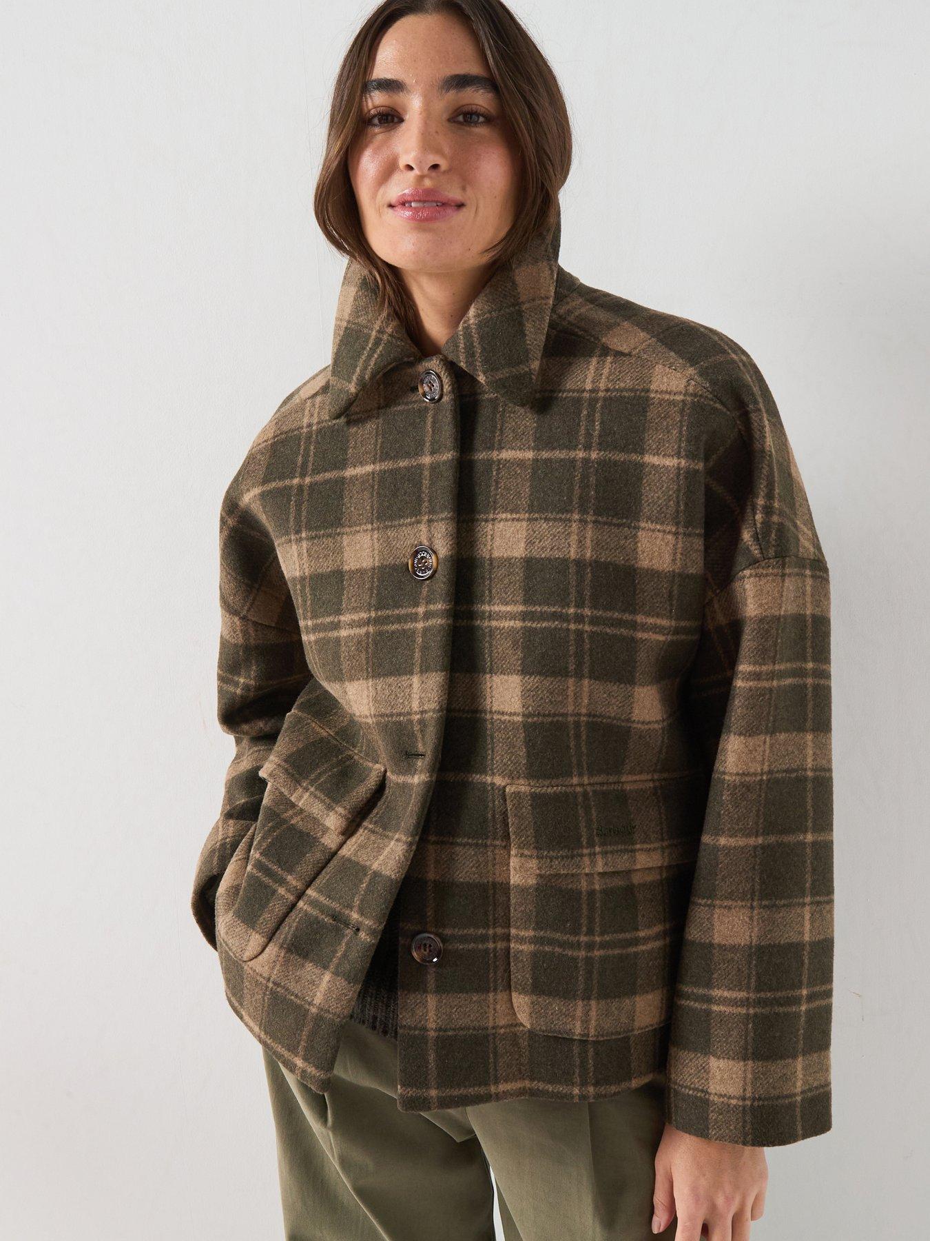 Image 1 of 6 of Barbour Womens Checked Wool-Blend Dropped Shoulder Coat - Green