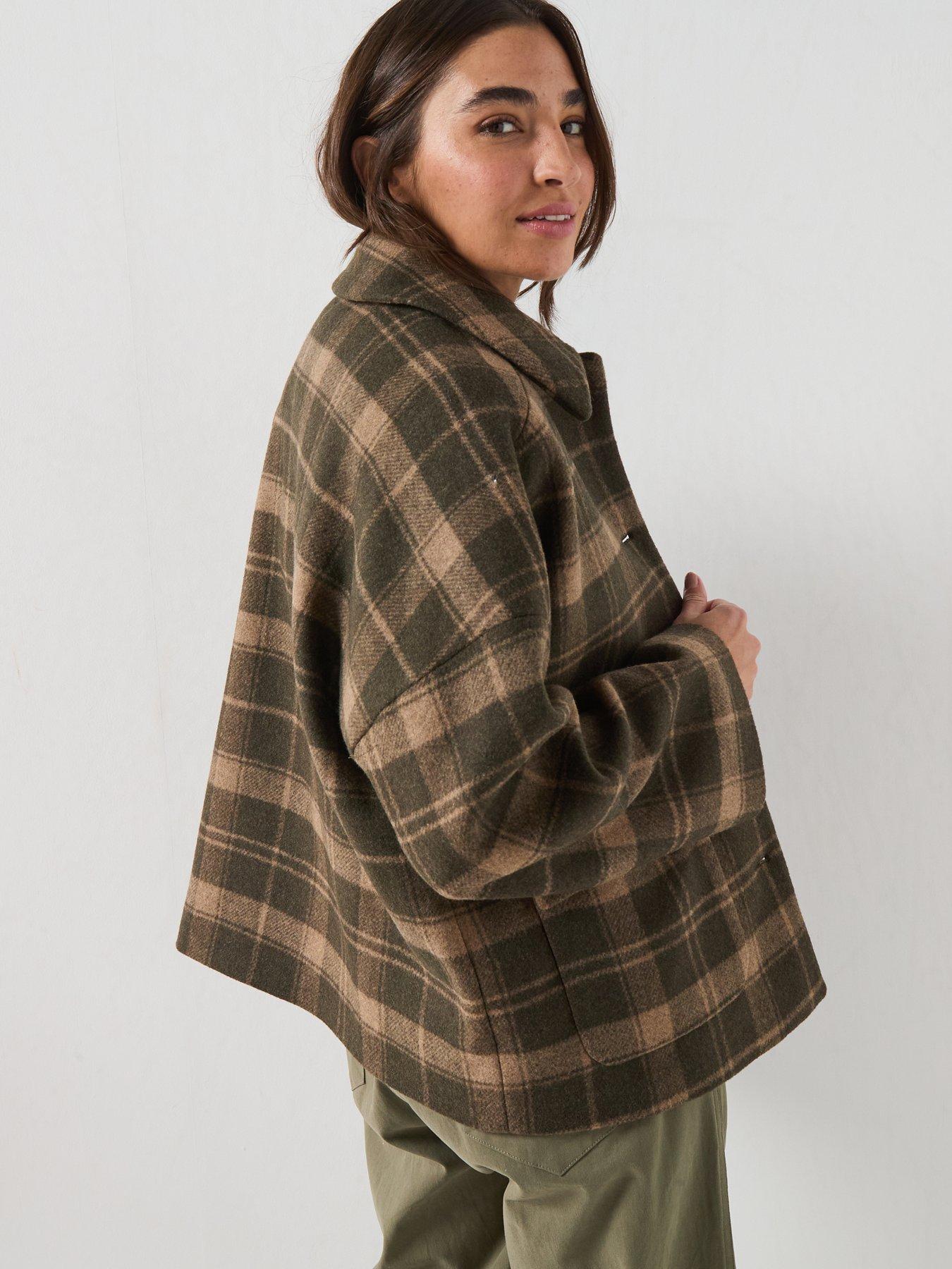 Image 2 of 6 of Barbour Womens Checked Wool-Blend Dropped Shoulder Coat - Green