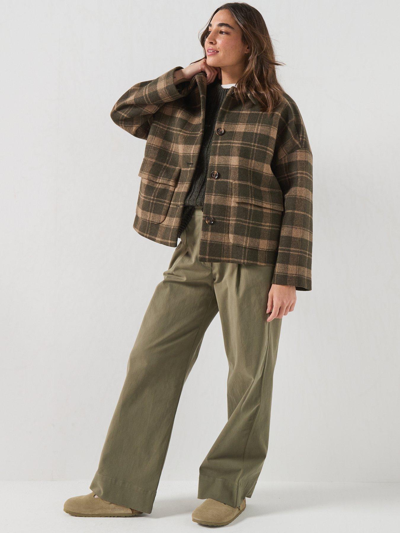 Image 3 of 6 of Barbour Womens Checked Wool-Blend Dropped Shoulder Coat - Green