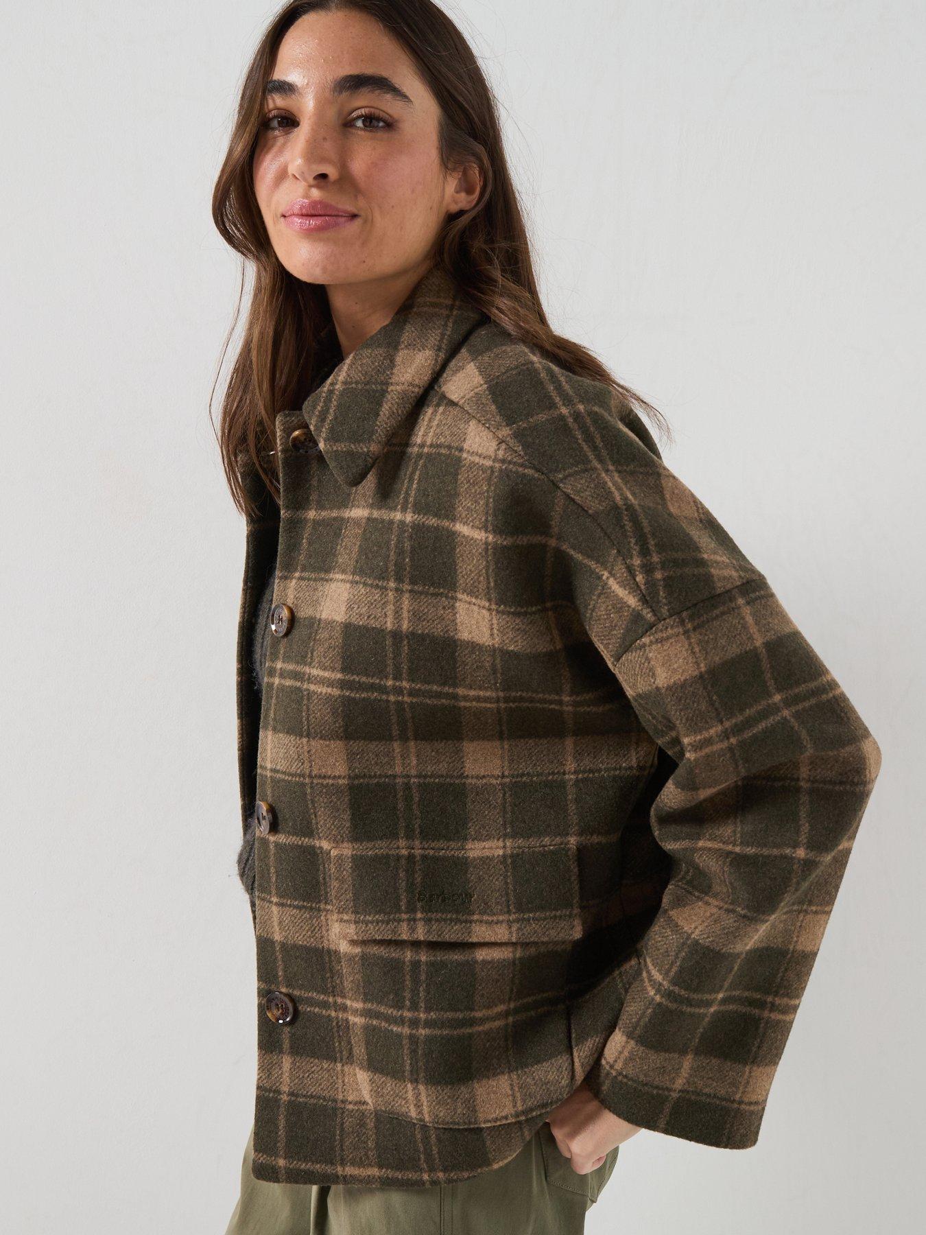Image 5 of 6 of Barbour Womens Checked Wool-Blend Dropped Shoulder Coat - Green