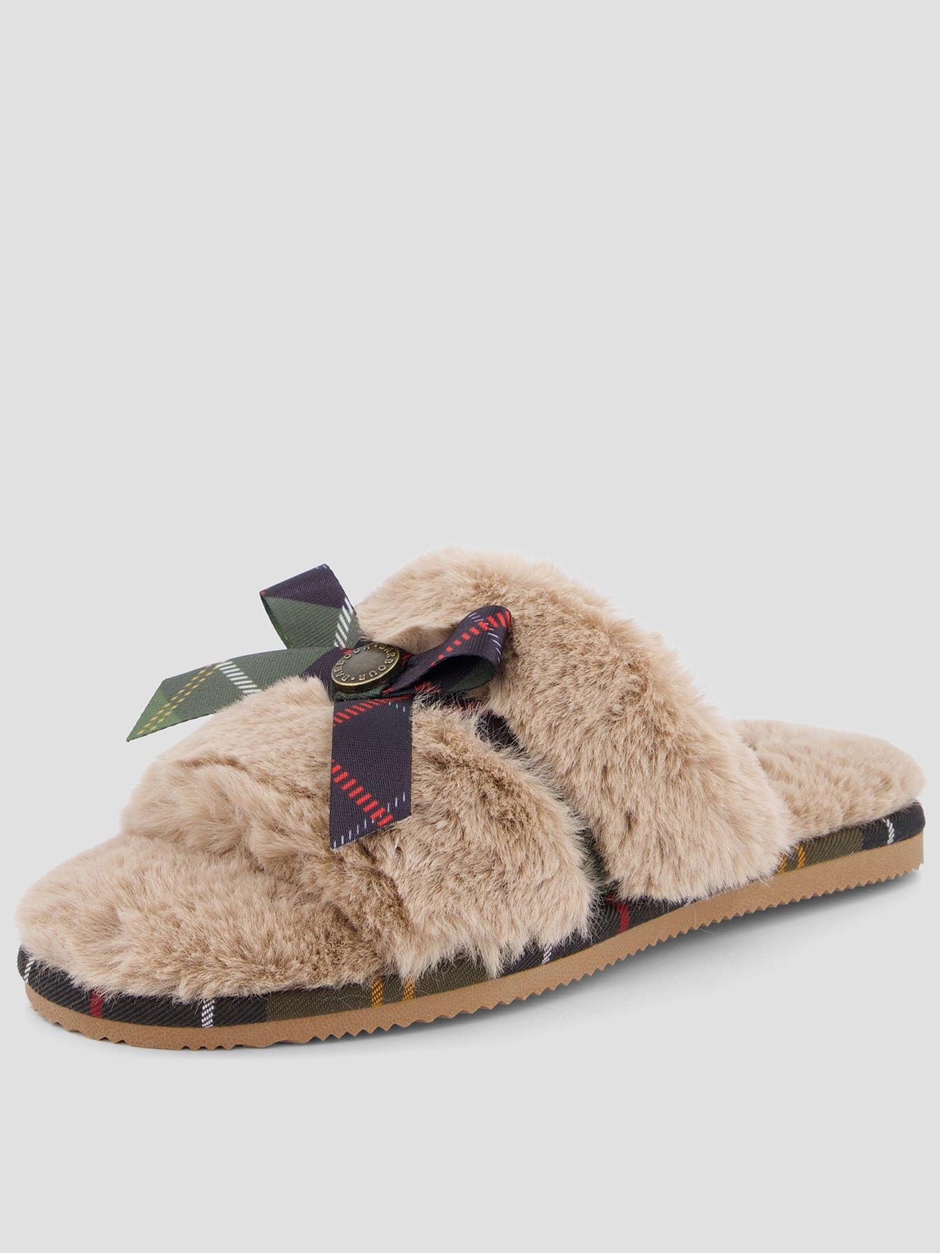 Image 1 of 7 of Barbour Womens Eleanora Faux-Fur Tartan Bow Mule Slippers - Brown