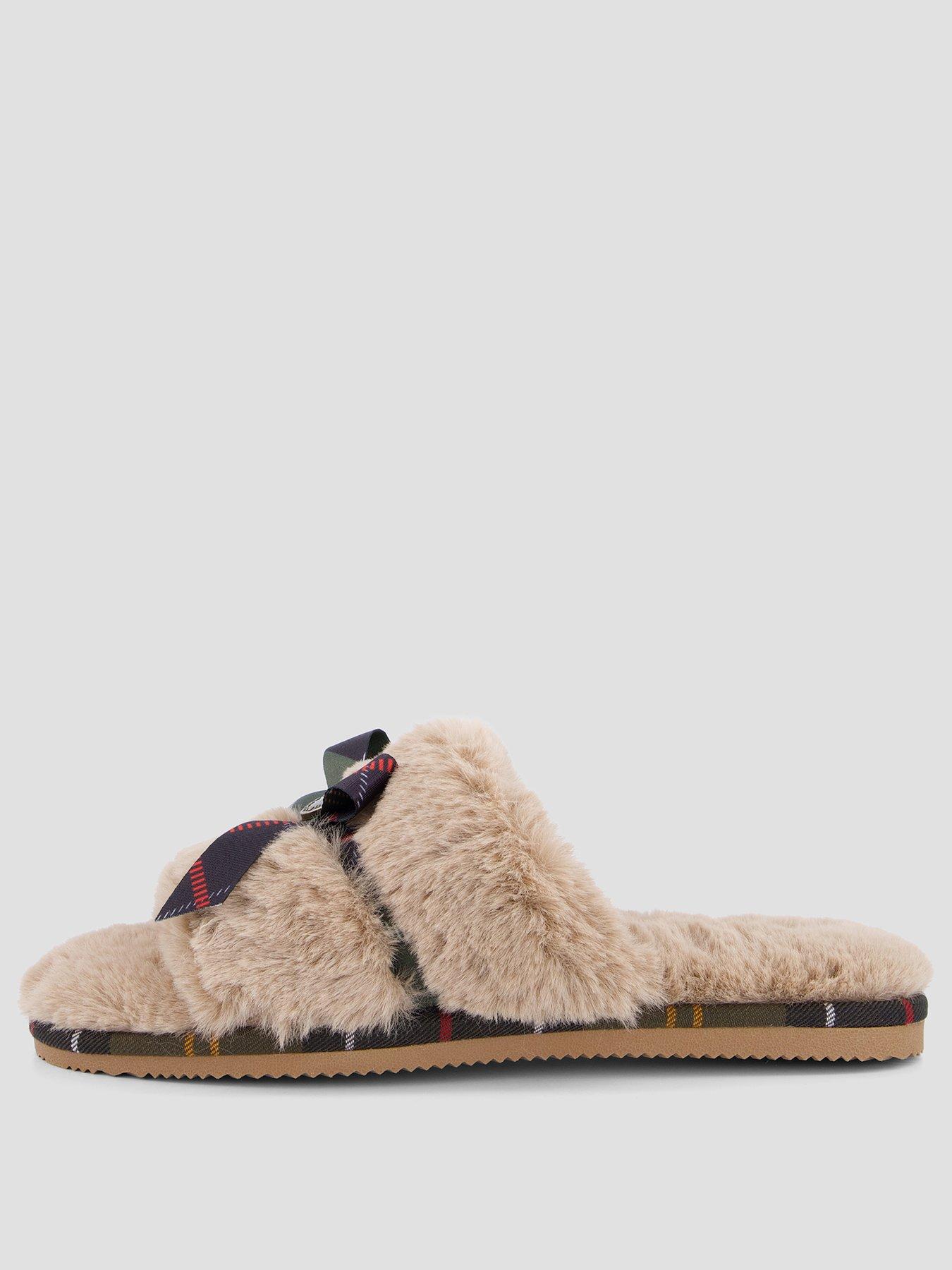 Image 2 of 7 of Barbour Womens Eleanora Faux-Fur Tartan Bow Mule Slippers - Brown