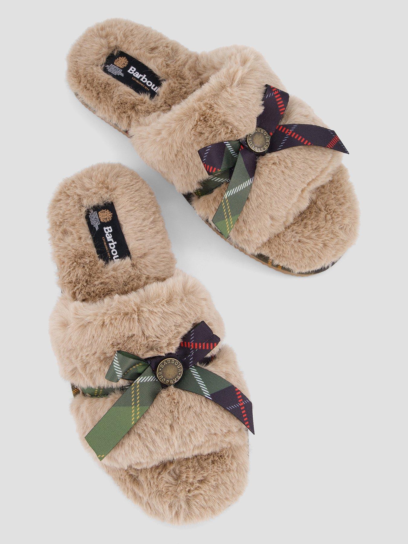 Image 3 of 7 of Barbour Womens Eleanora Faux-Fur Tartan Bow Mule Slippers - Brown