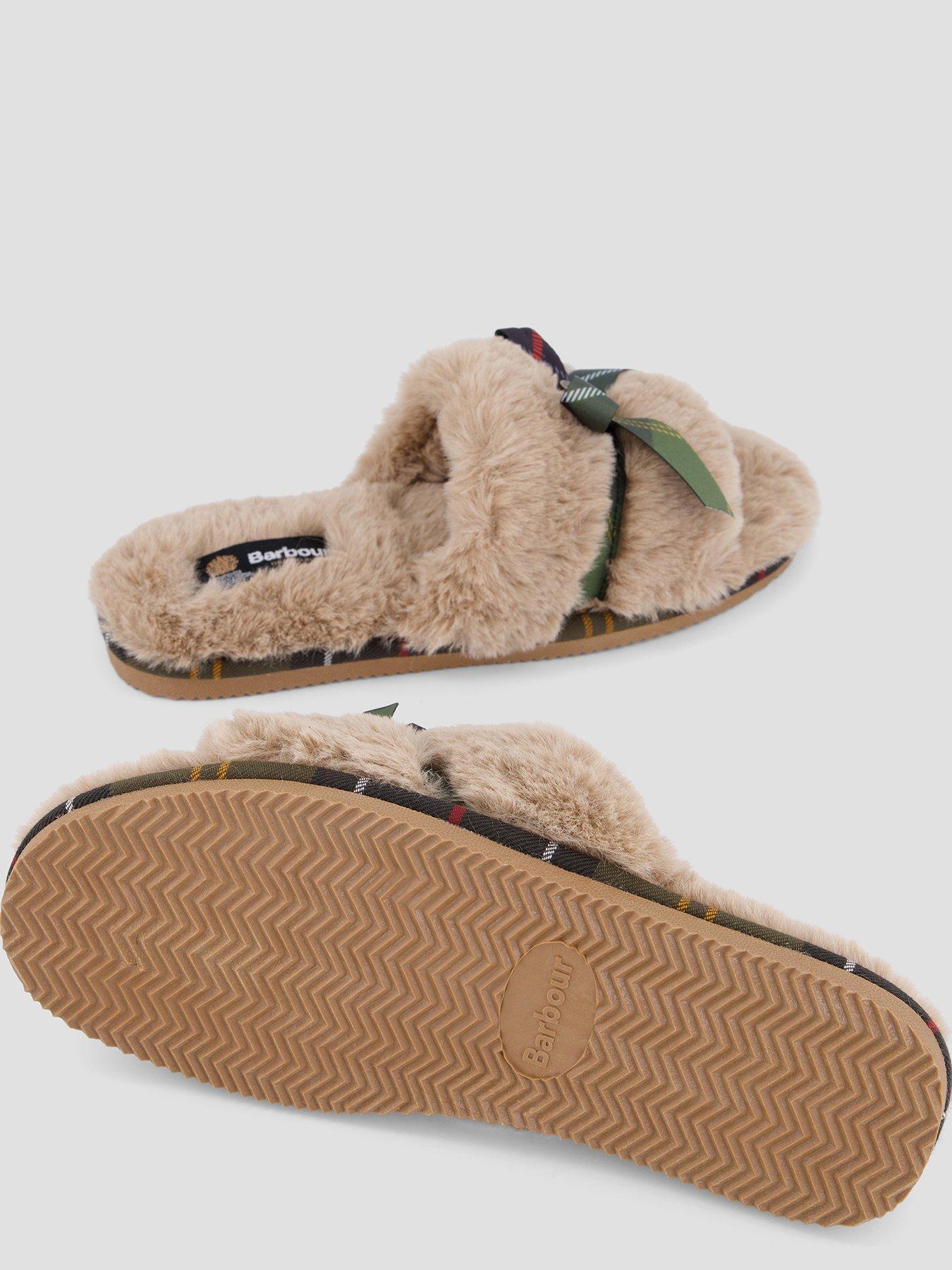 Image 4 of 7 of Barbour Womens Eleanora Faux-Fur Tartan Bow Mule Slippers - Brown
