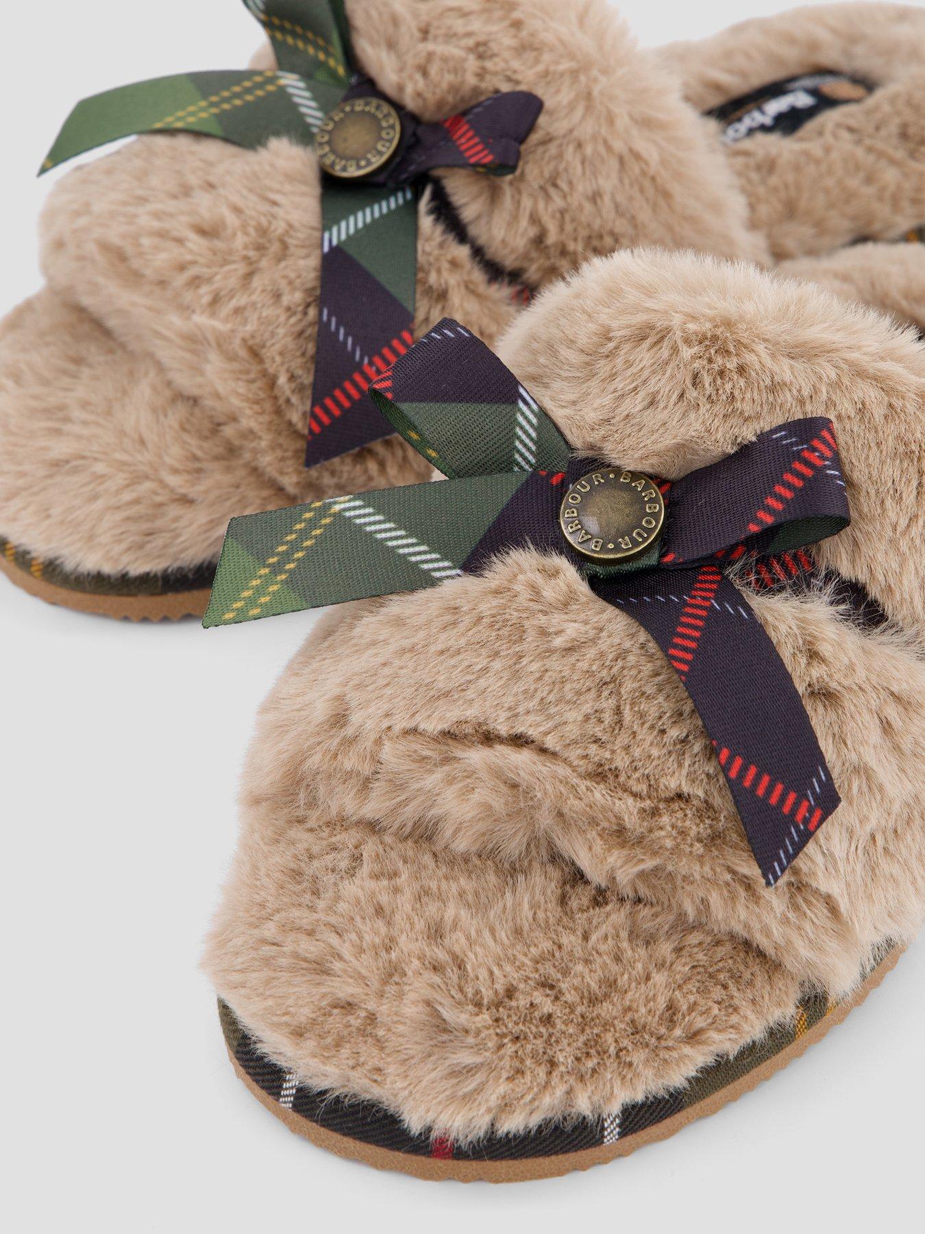 Image 5 of 7 of Barbour Womens Eleanora Faux-Fur Tartan Bow Mule Slippers - Brown