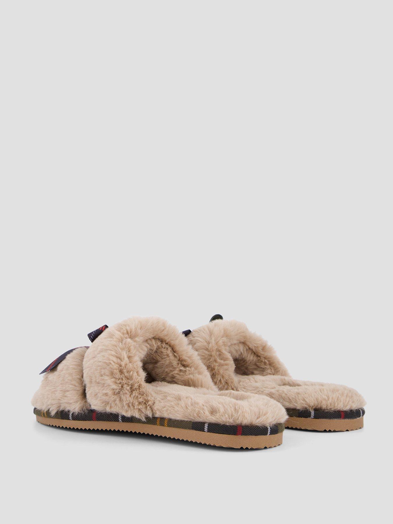 Image 6 of 7 of Barbour Womens Eleanora Faux-Fur Tartan Bow Mule Slippers - Brown