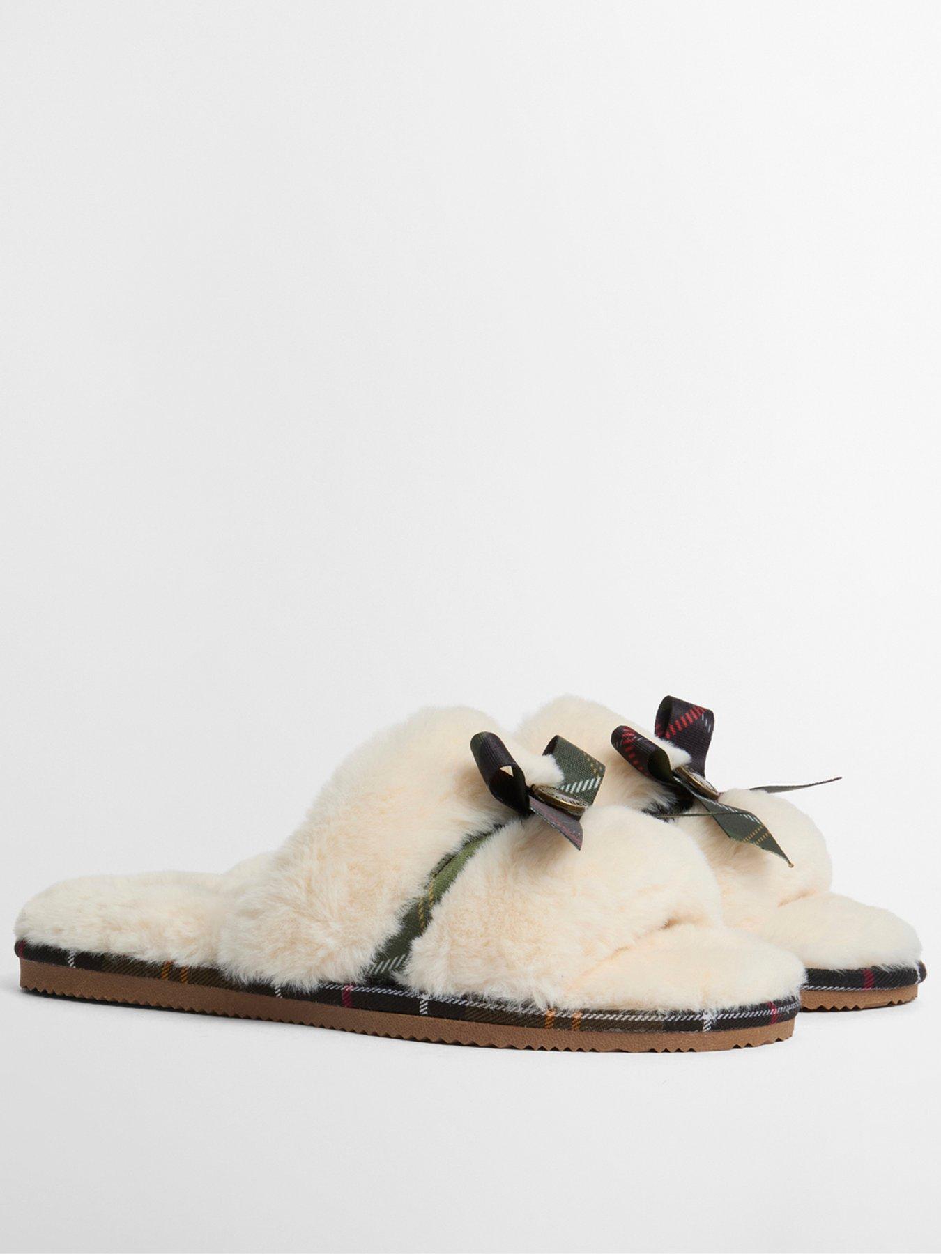 Image 1 of 5 of Barbour Womens Faux-Fur Feel Tartan Bow Mule Slippers - Cream
