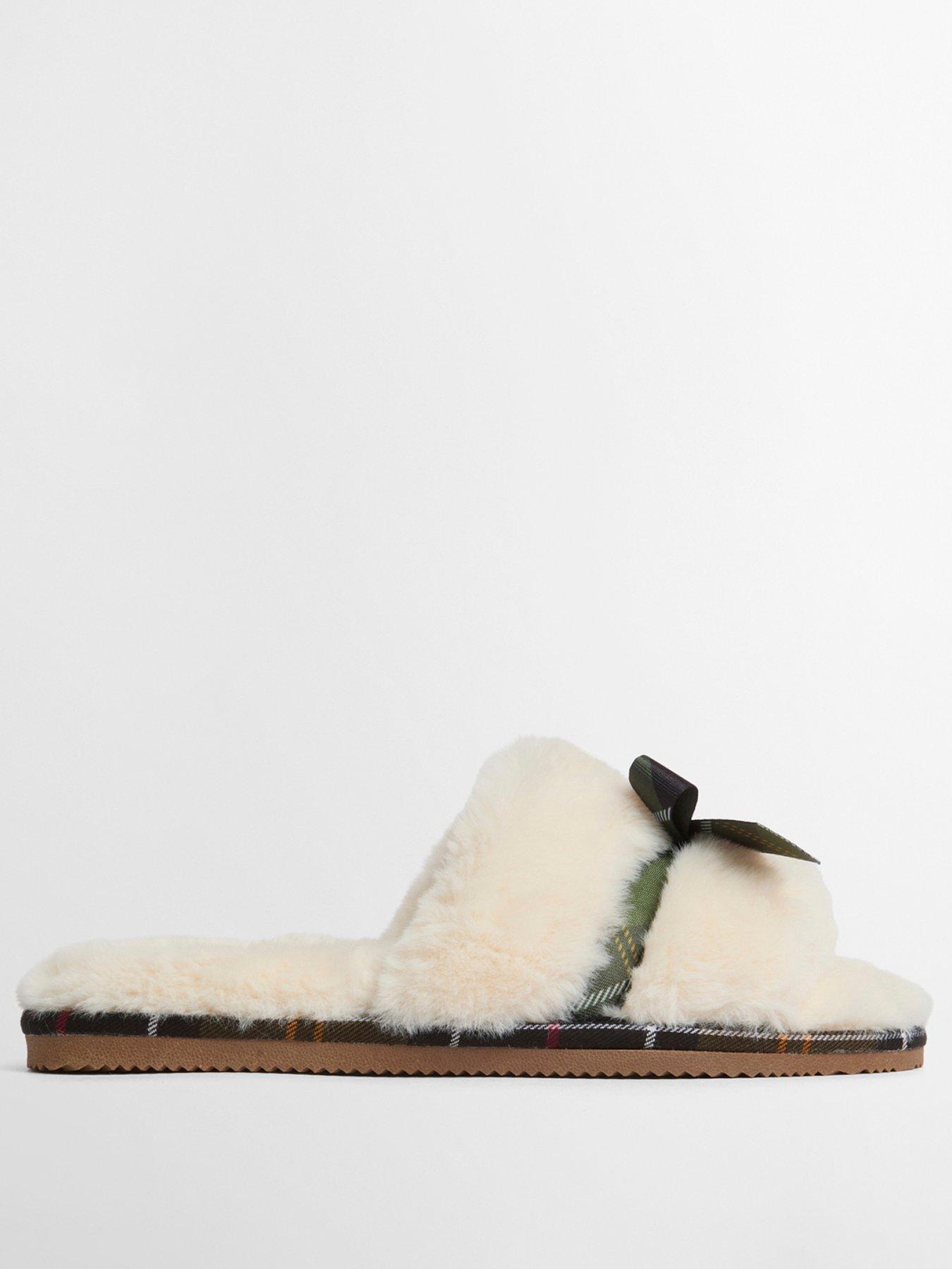 Image 2 of 5 of Barbour Womens Faux-Fur Feel Tartan Bow Mule Slippers - Cream