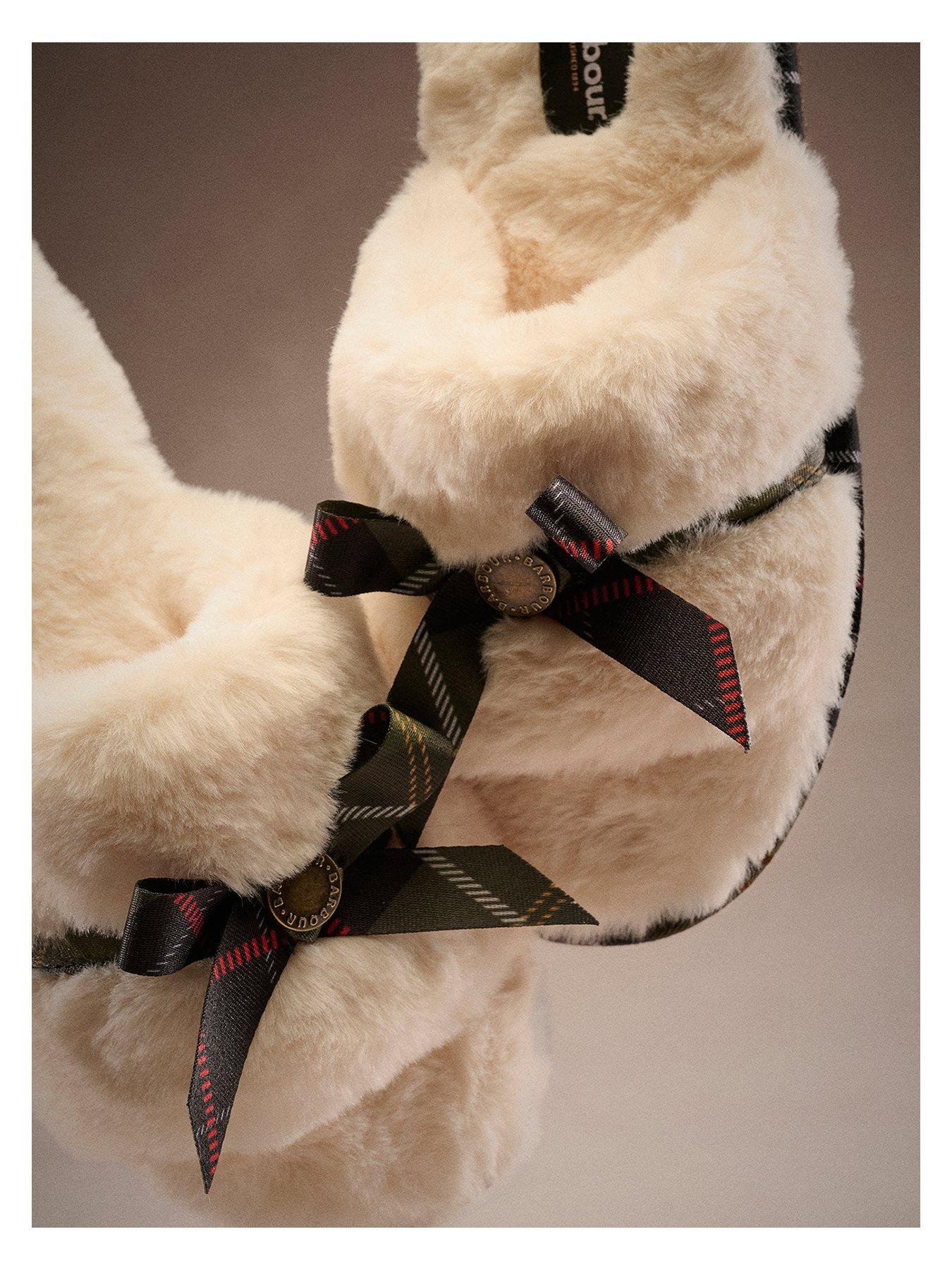 Image 3 of 5 of Barbour Womens Faux-Fur Feel Tartan Bow Mule Slippers - Cream