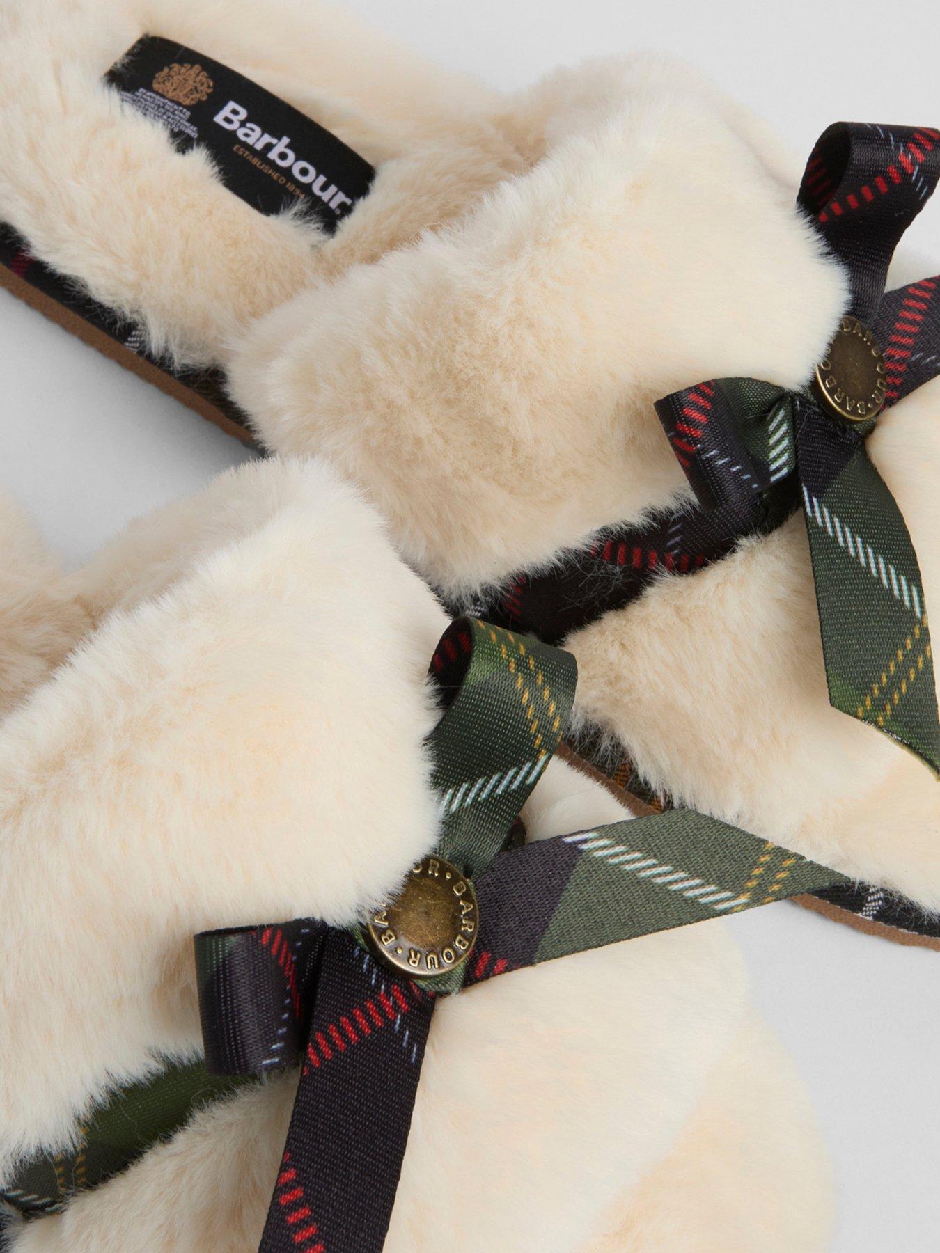 Image 4 of 5 of Barbour Womens Faux-Fur Feel Tartan Bow Mule Slippers - Cream