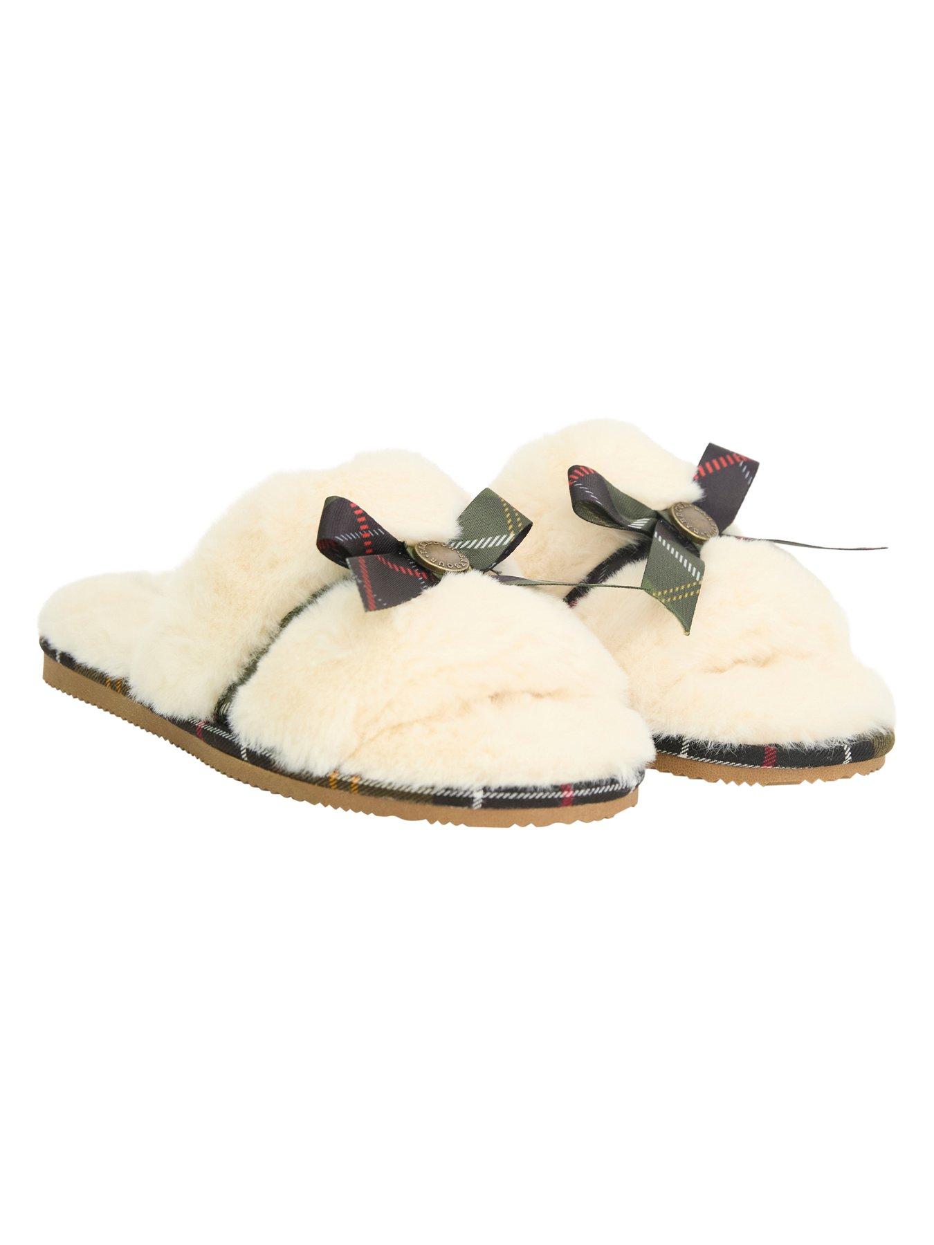 Image 5 of 5 of Barbour Womens Faux-Fur Feel Tartan Bow Mule Slippers - Cream