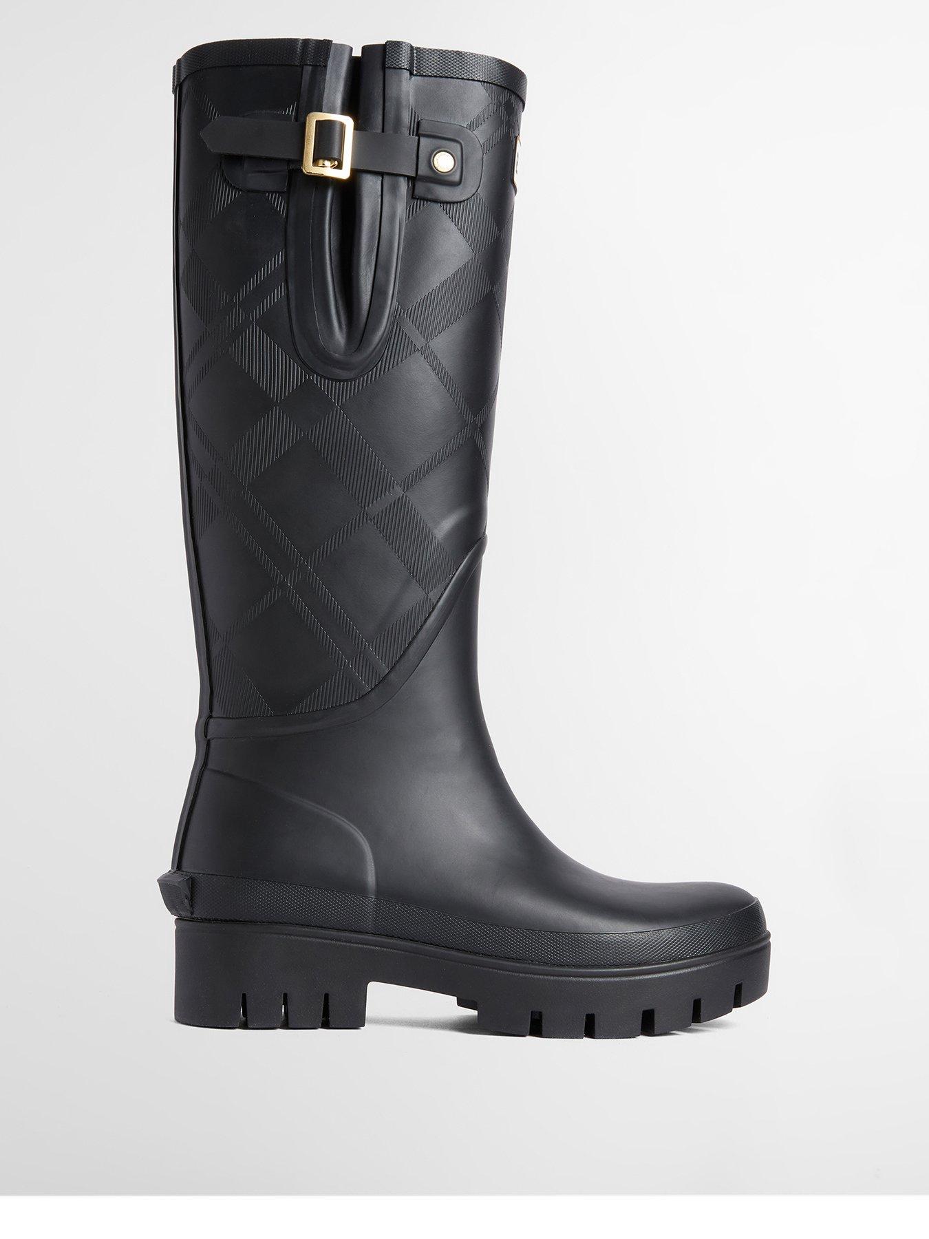 Image 1 of 5 of Barbour Womens Tall Tartan-Embossed Buckle Chunky Sole Wellington Boots - Black