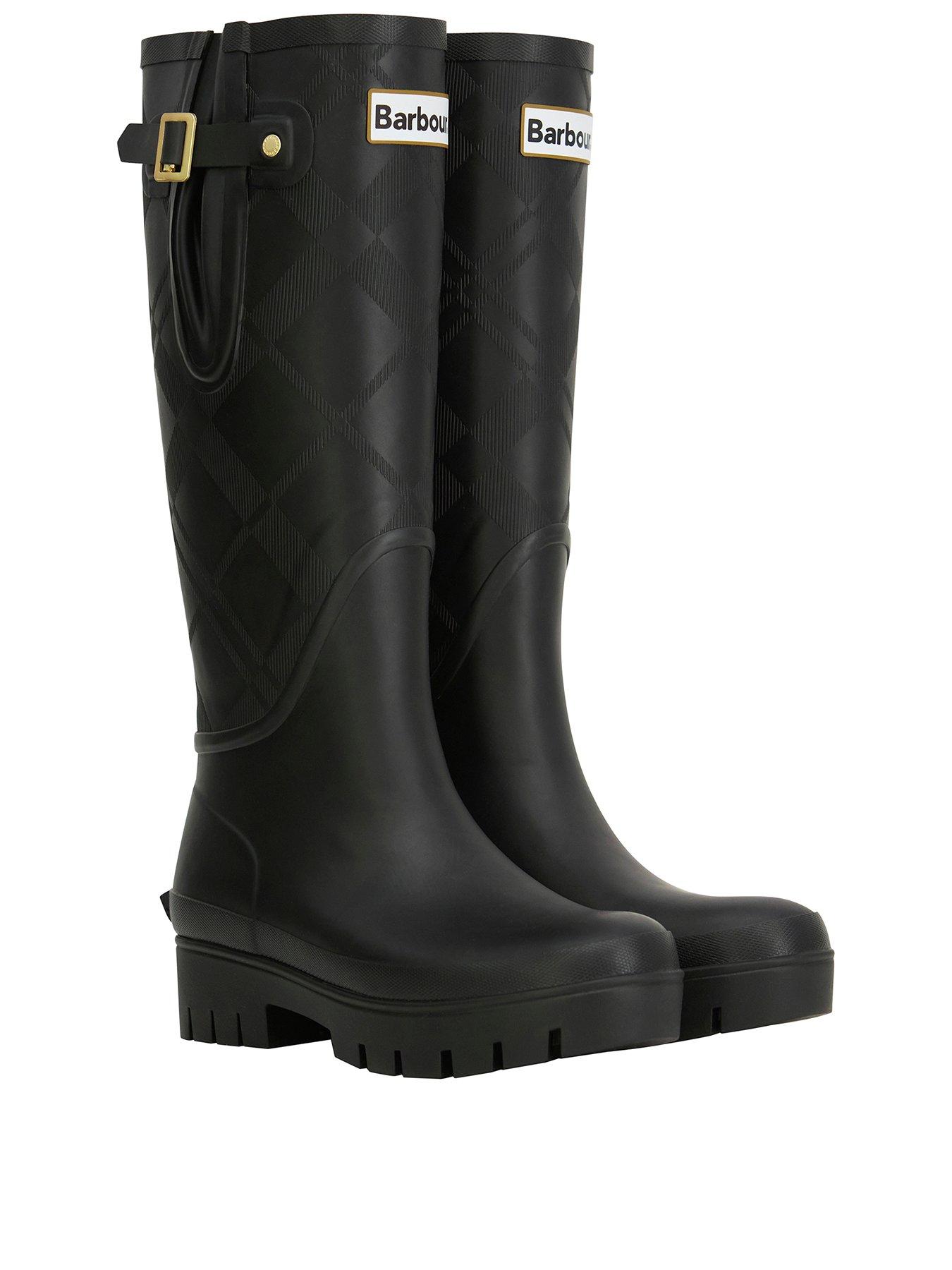 Image 2 of 5 of Barbour Womens Tall Tartan-Embossed Buckle Chunky Sole Wellington Boots - Black