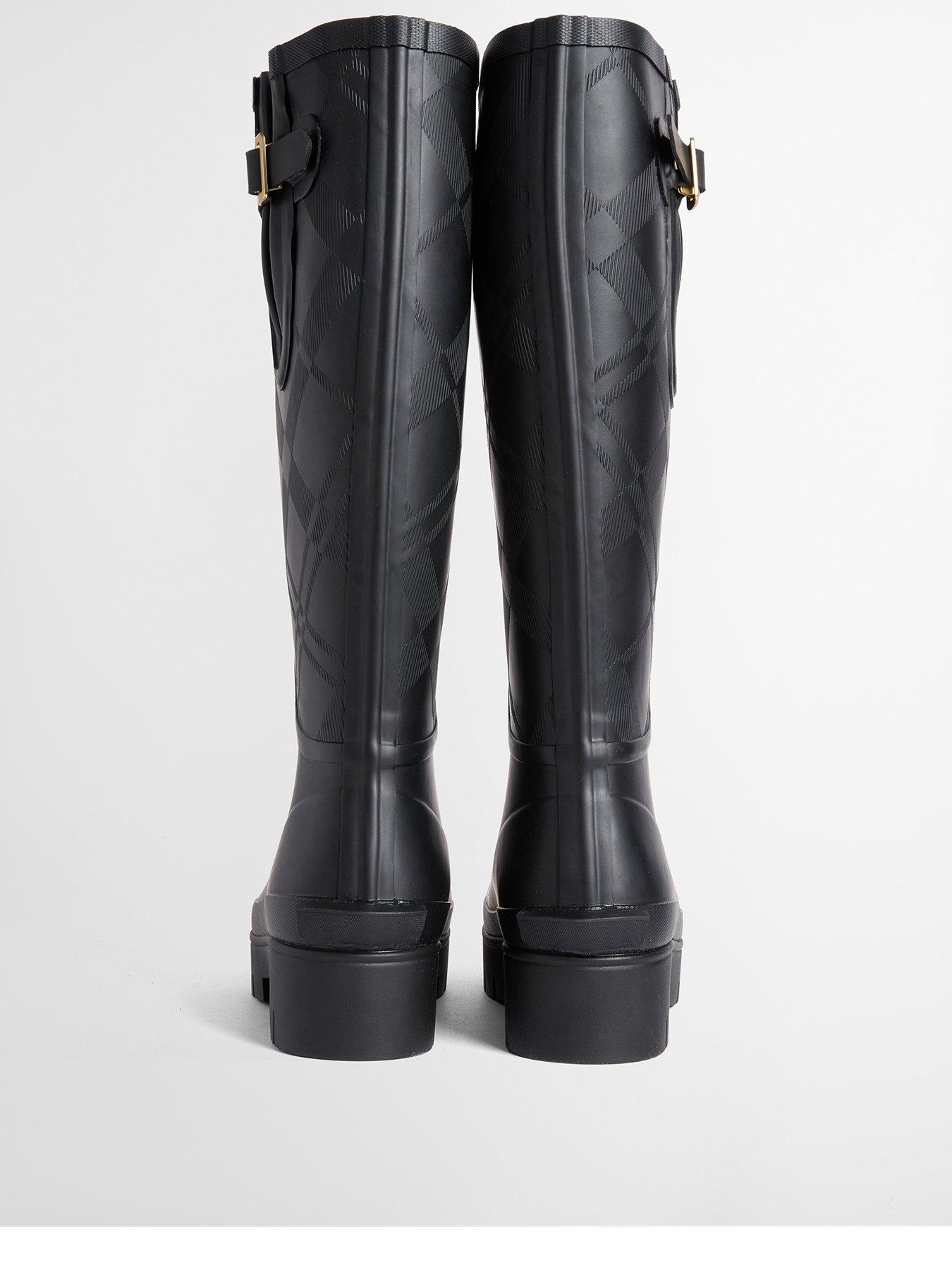 Image 3 of 5 of Barbour Womens Tall Tartan-Embossed Buckle Chunky Sole Wellington Boots - Black