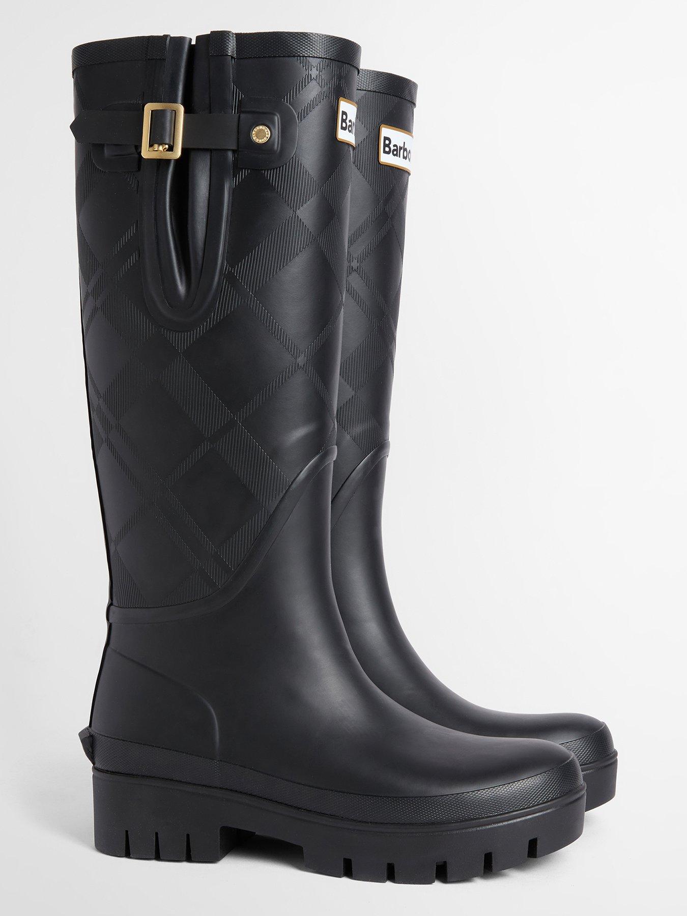 Image 4 of 5 of Barbour Womens Tall Tartan-Embossed Buckle Chunky Sole Wellington Boots - Black