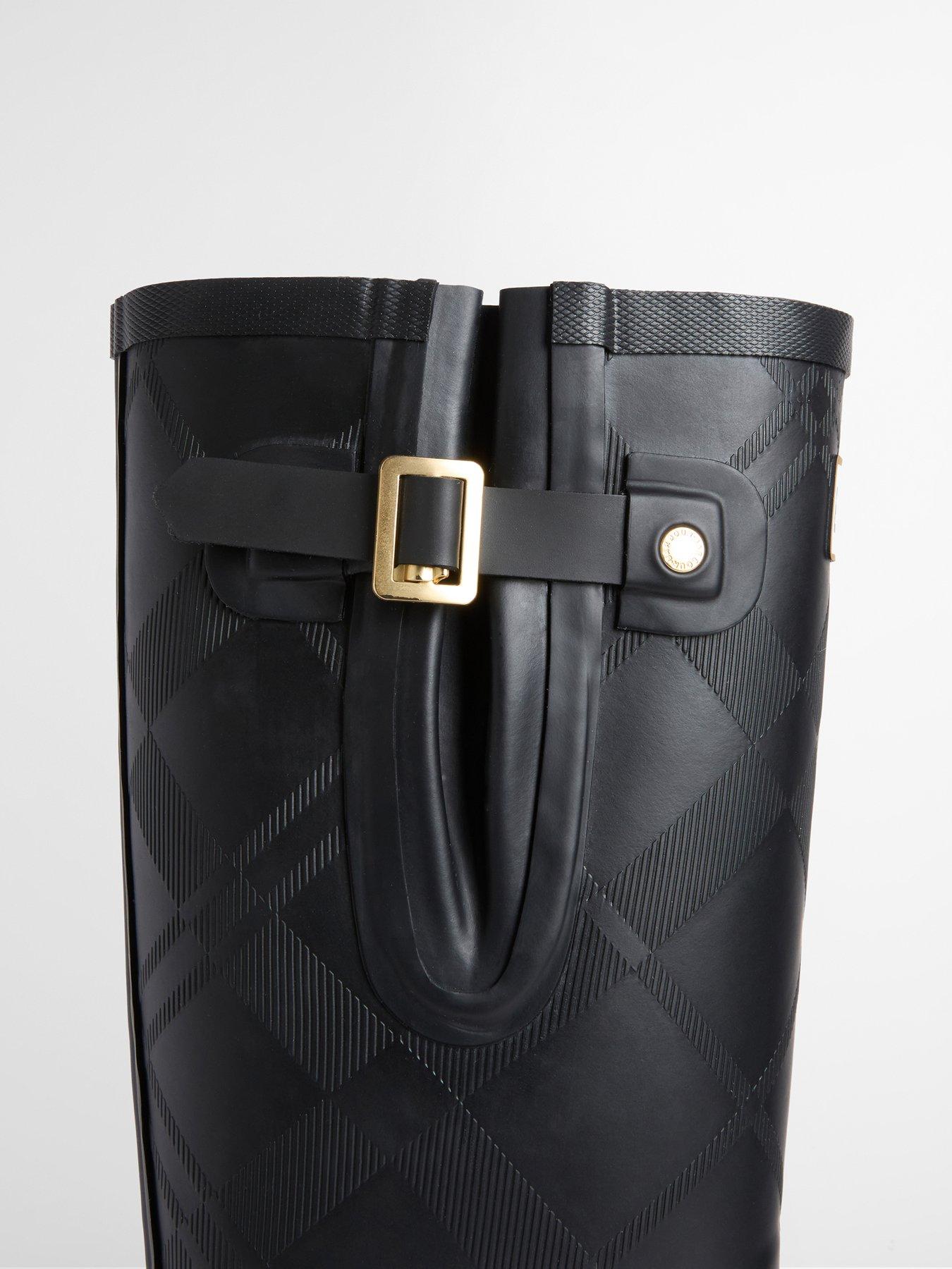 Image 5 of 5 of Barbour Womens Tall Tartan-Embossed Buckle Chunky Sole Wellington Boots - Black