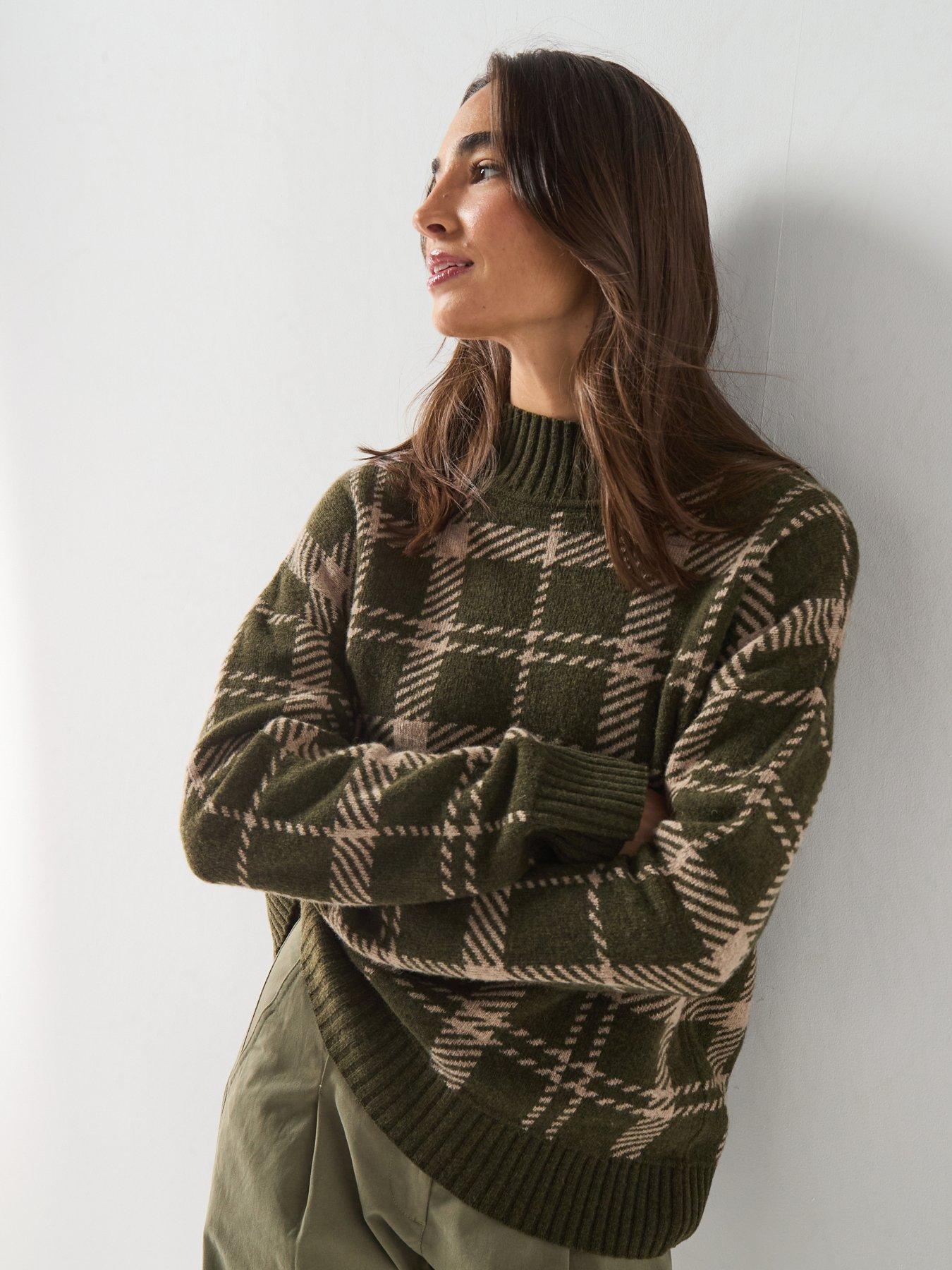 Image 1 of 6 of Barbour Womens Delilah Tartan Jacquard Funnel Neck Jumper - Green