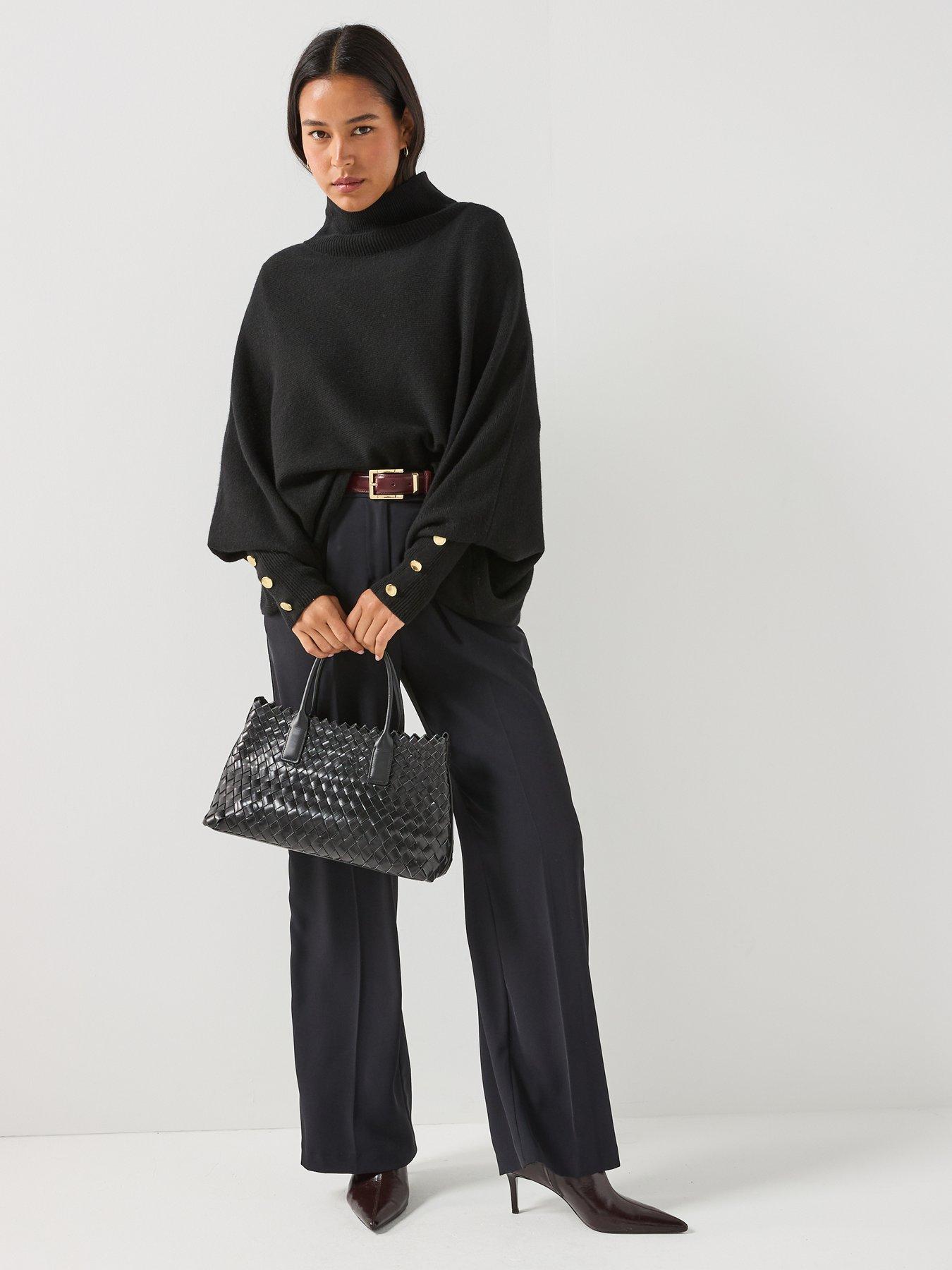 Image 3 of 6 of Barbour International Womens Funnel Neck Batwing Button Cuff Jumper - Black