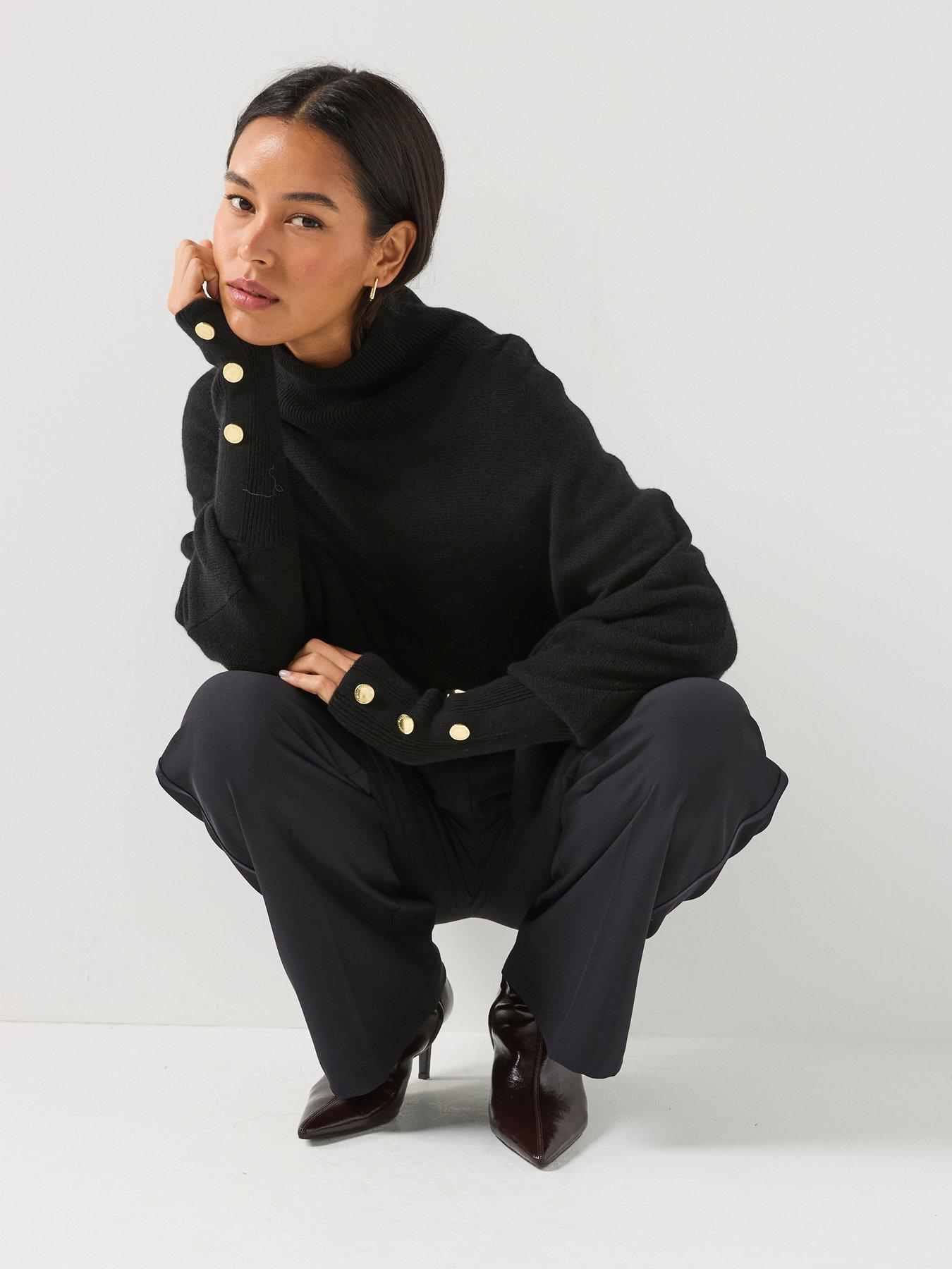 Image 4 of 6 of Barbour International Womens Funnel Neck Batwing Button Cuff Jumper - Black