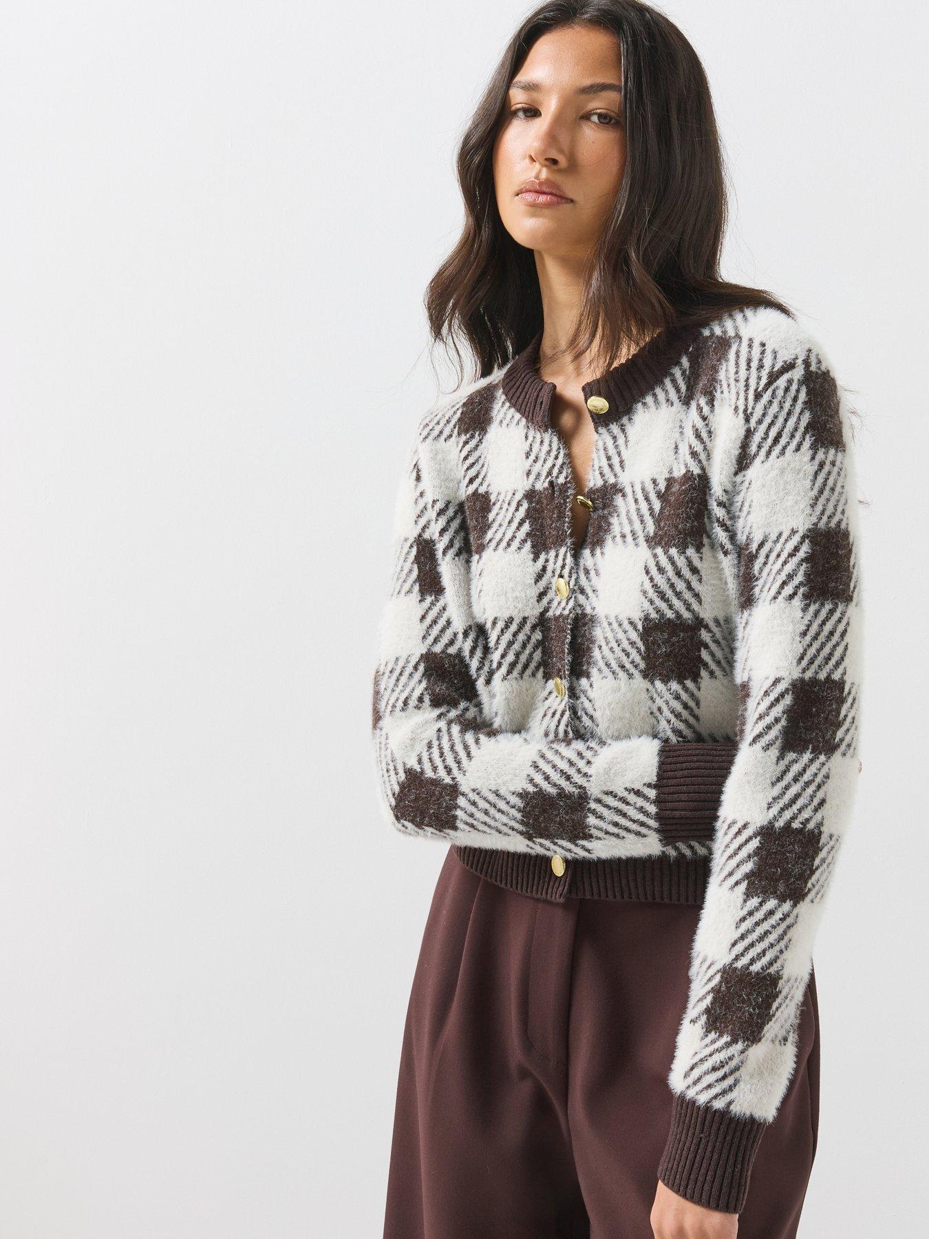 Image 1 of 6 of Barbour International Womens Halina Checked Button-Through Cardigan - Brown