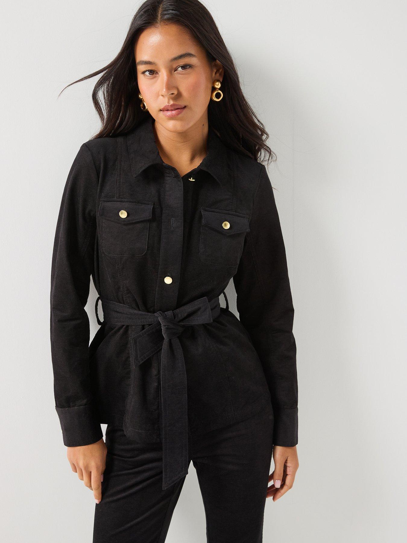 Image 1 of 6 of Barbour International Womens Belted Cord-Style Gold-Tone Poppers Overshirt - Black