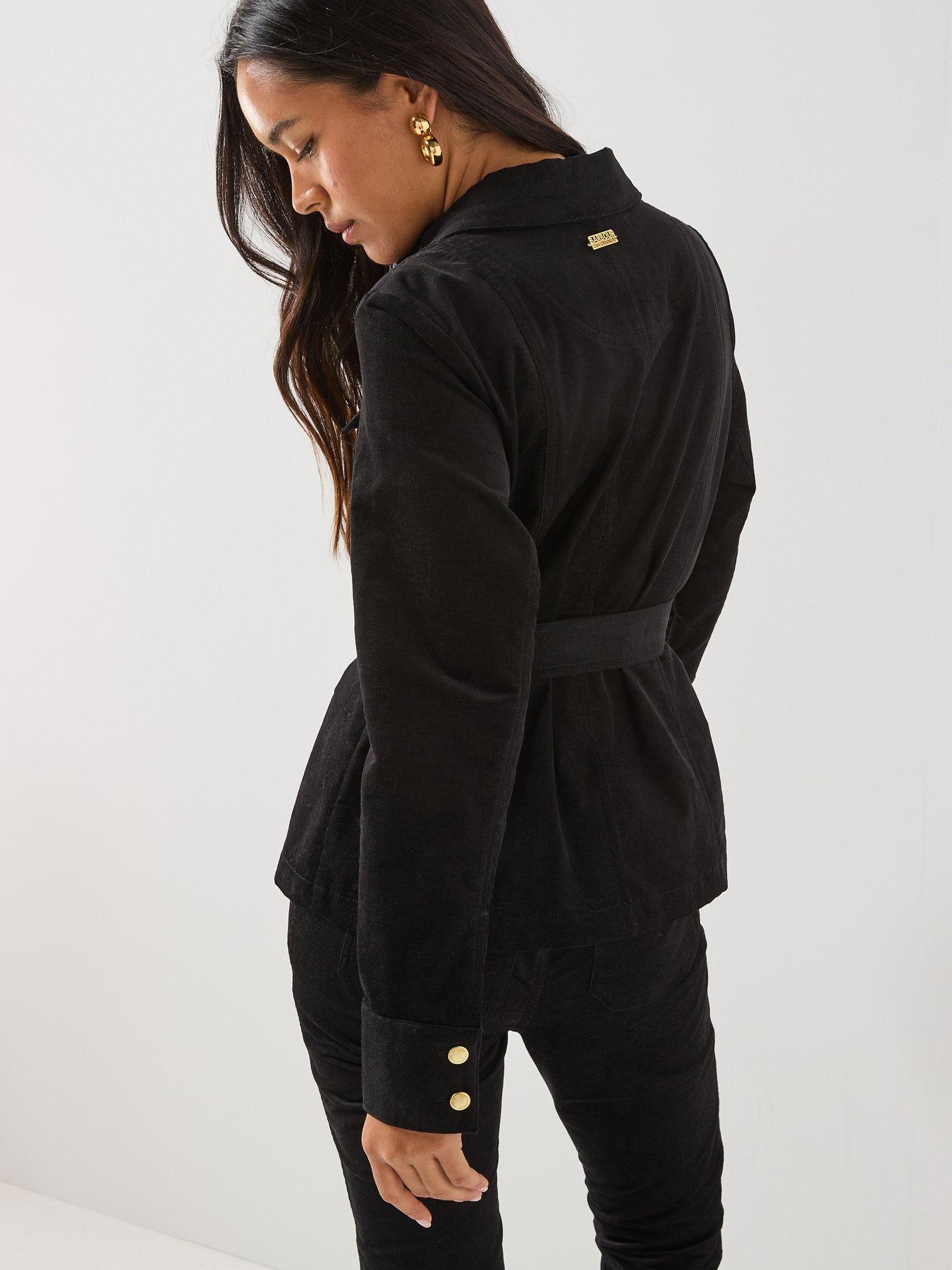 Image 2 of 6 of Barbour International Womens Belted Cord-Style Gold-Tone Poppers Overshirt - Black