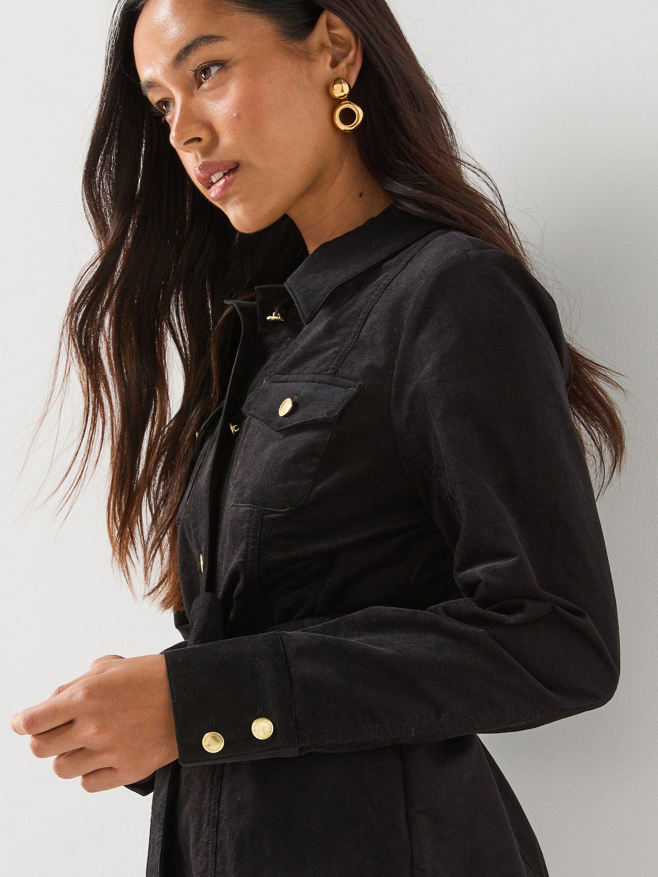 Image 4 of 6 of Barbour International Womens Belted Cord-Style Gold-Tone Poppers Overshirt - Black