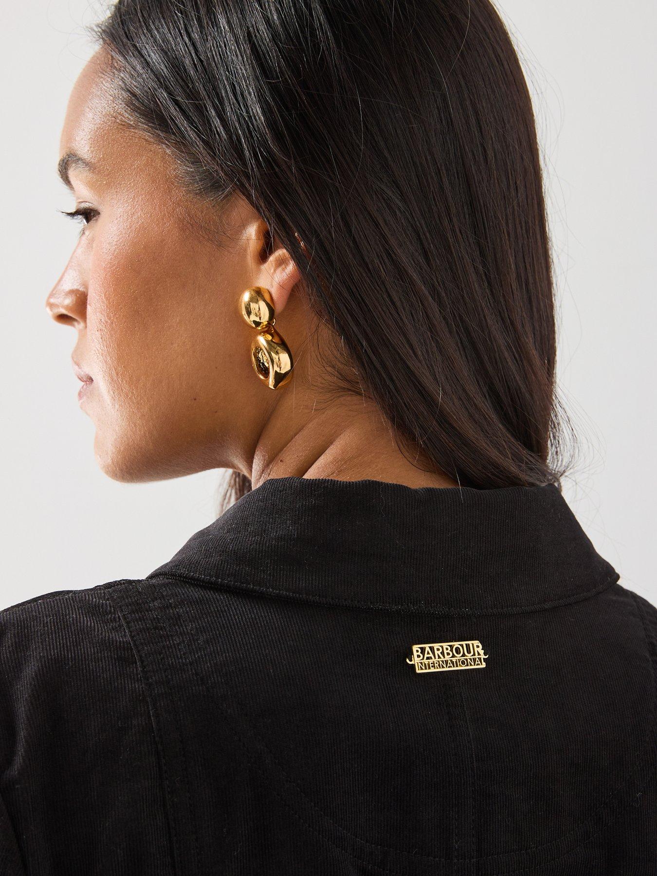Image 5 of 6 of Barbour International Womens Belted Cord-Style Gold-Tone Poppers Overshirt - Black