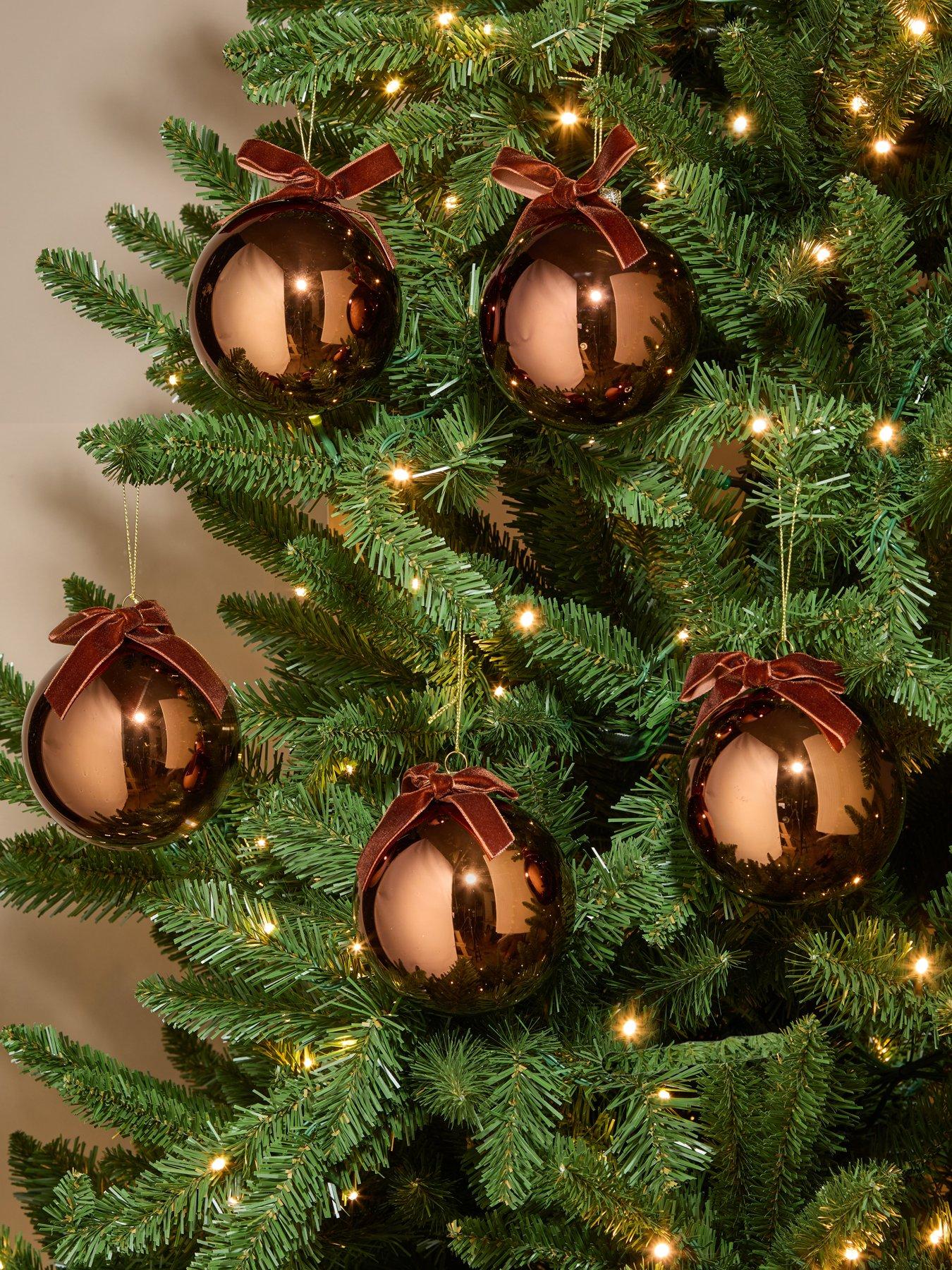 Festive Pack of 5 Shiny Brown Glass Christmas Tree Baubles with Bow - 10cm