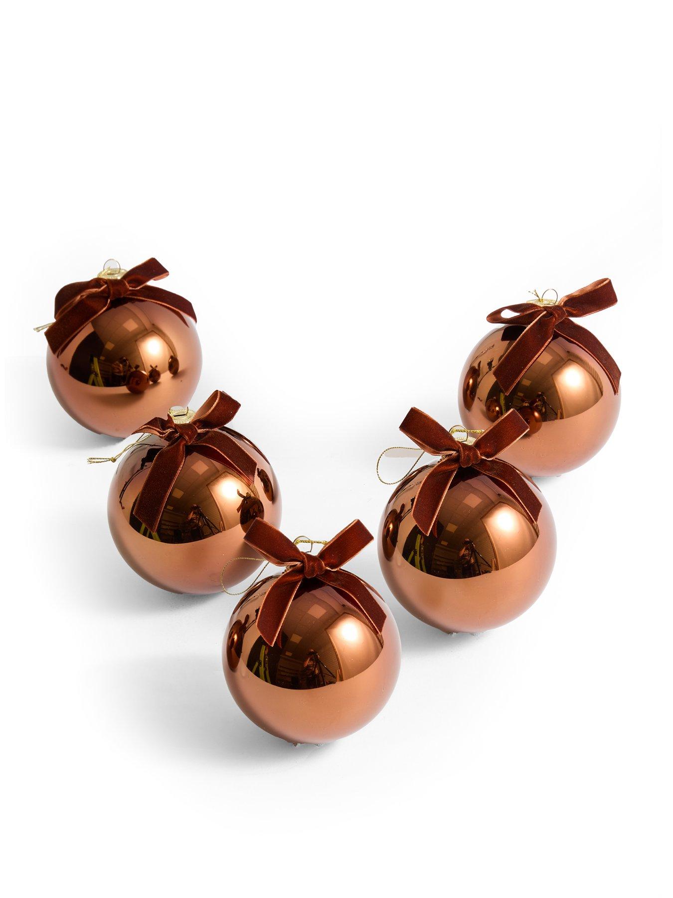 Image 2 of 3 of Festive Pack of 5 Shiny Brown Glass Christmas Tree&nbsp;Baubles&nbsp;with Bow - 10cm