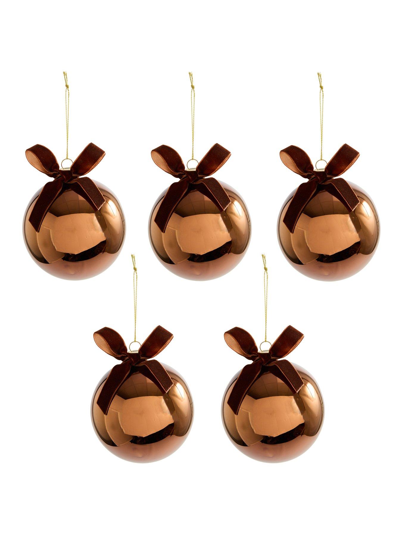 Image 3 of 3 of Festive Pack of 5 Shiny Brown Glass Christmas Tree&nbsp;Baubles&nbsp;with Bow - 10cm