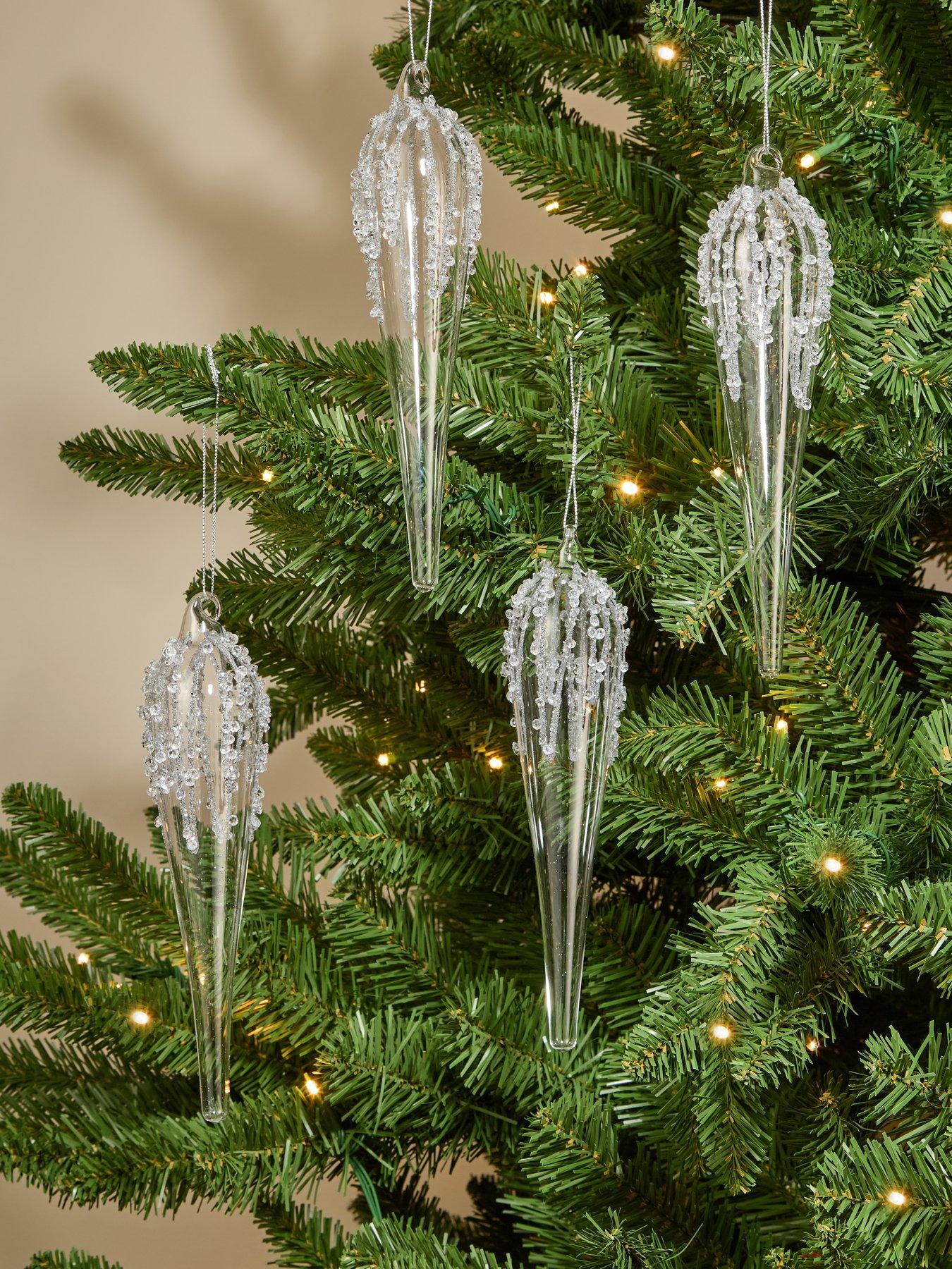 Image 1 of 3 of Festive Pack Of 4 Silver/Clear Glass Icicle Christmas Tree Decorations - 20&nbsp;cm