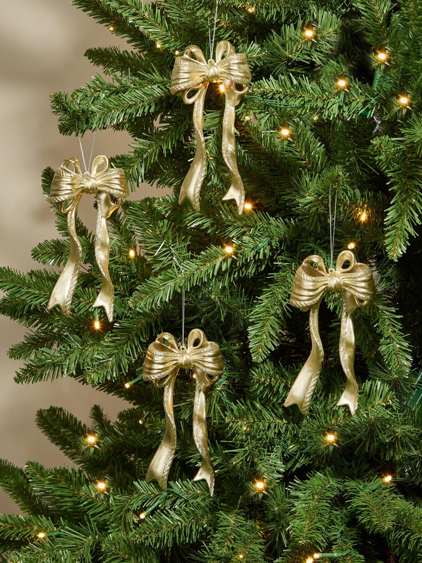 Image 1 of 3 of Festive Pack of 4 Champagne Gold Glitter Bow Christmas Tree&nbsp;Baubles -18cm