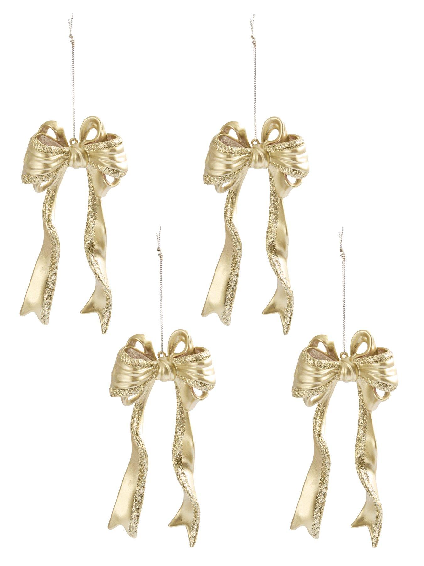 Image 3 of 3 of Festive Pack of 4 Champagne Gold Glitter Bow Christmas Tree&nbsp;Baubles -18cm