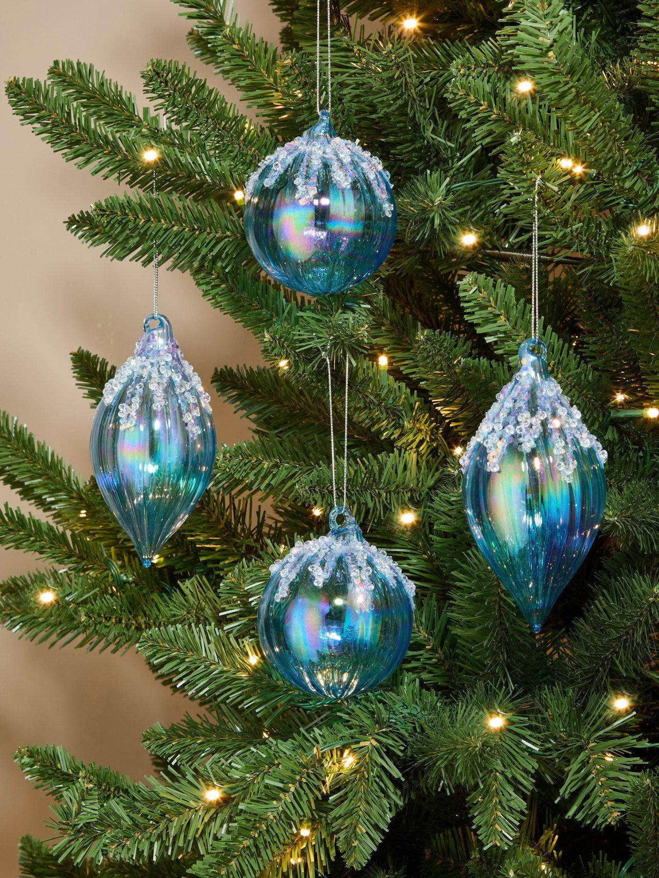 Festive Pack of 4 Pale Blue Ribbed Glass Christmas Tree Baubles - 8cm