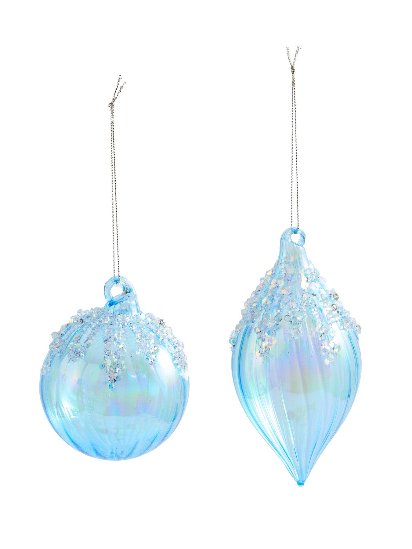 Image 3 of 3 of Festive Pack of 4 Pale Blue Ribbed Glass Christmas Tree Baubles - 8cm