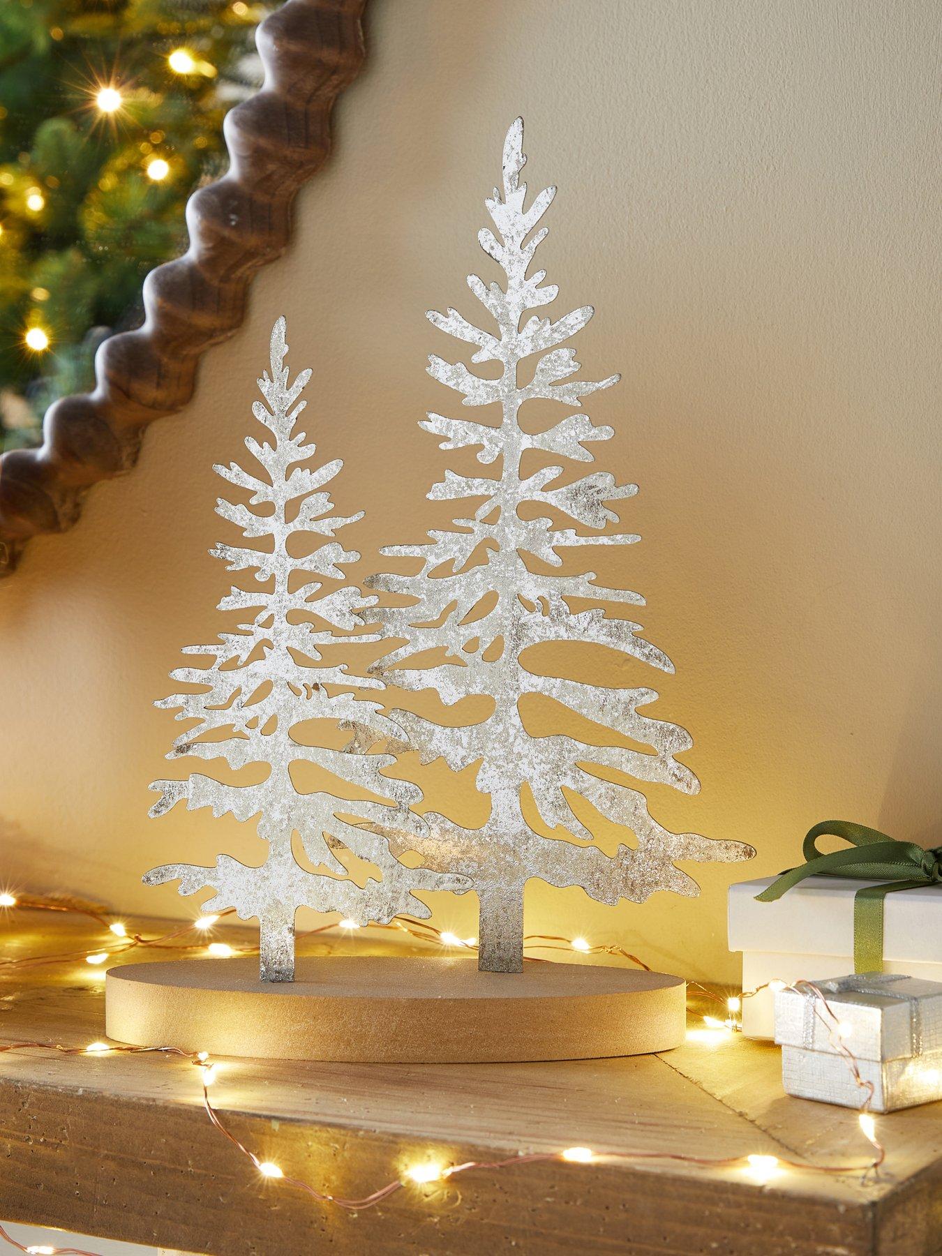 Image 1 of 7 of Festive Silver Metal Christmas Trees with Wooden Base - 29cm