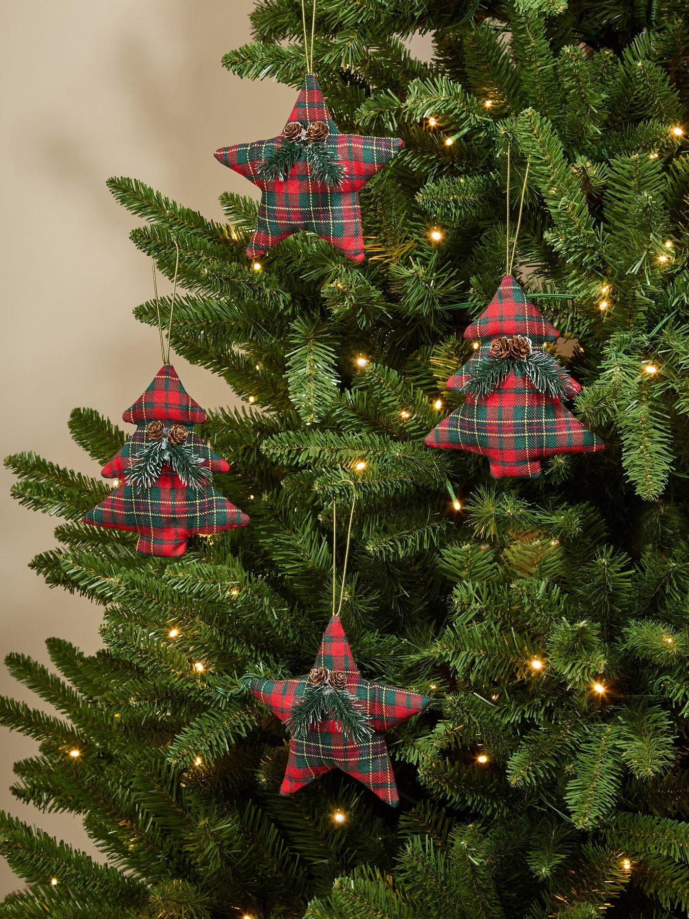 Image 1 of 3 of Festive Pack of 4 Tartan Christmas&nbsp;Star and Tree Baubles