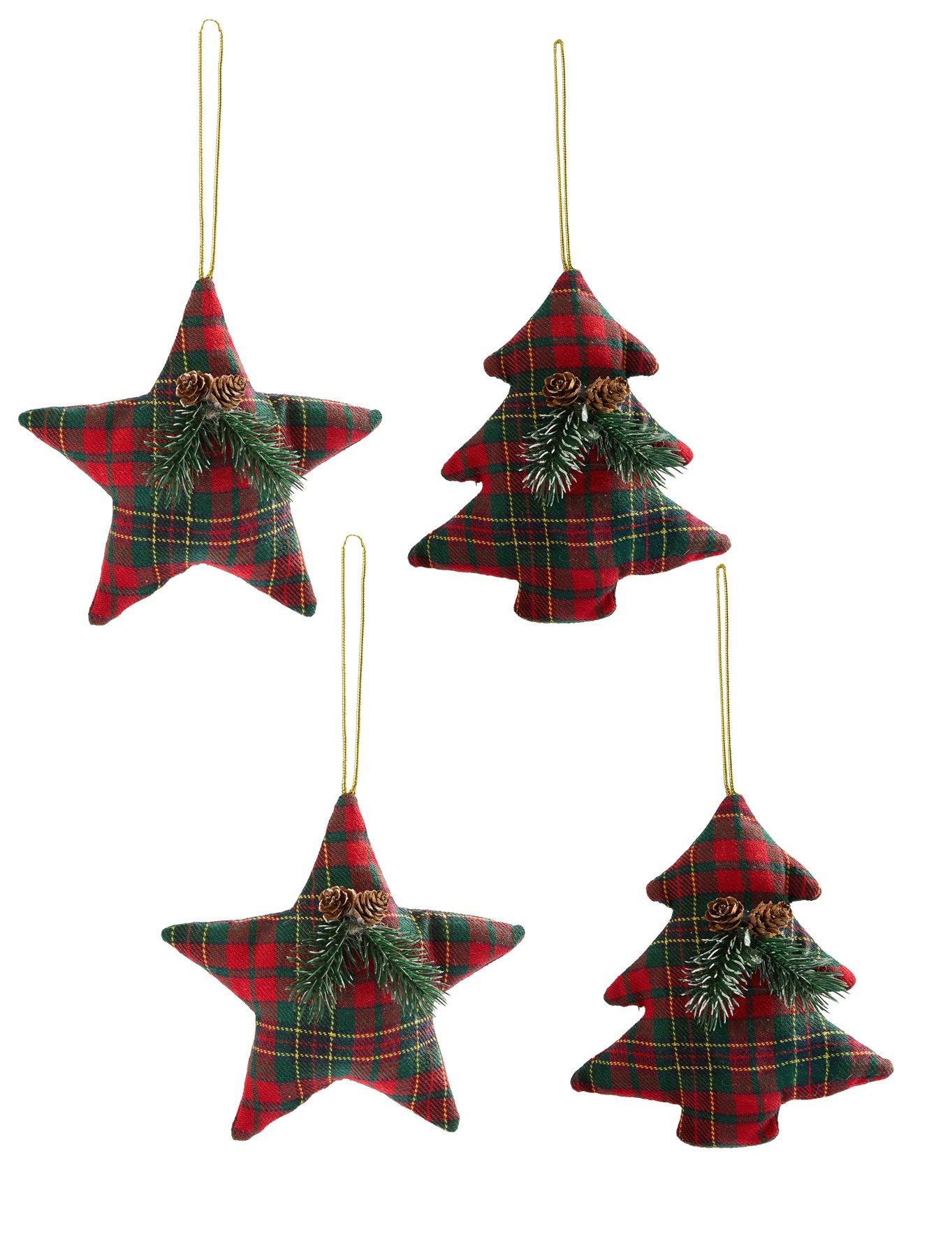 Image 3 of 3 of Festive Pack of 4 Tartan Christmas&nbsp;Star and Tree Baubles