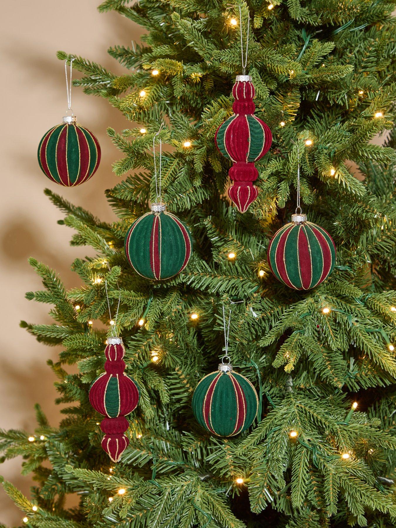Image 1 of 3 of Festive Pack of 6 Flocked Red/Green Glass Christmas Tree&nbsp;Baubles