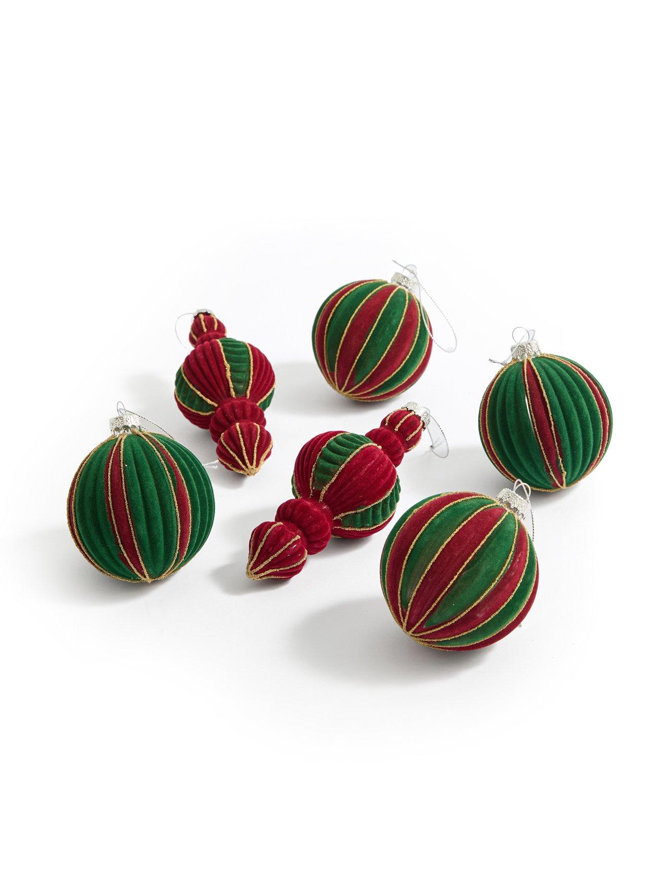 Image 2 of 3 of Festive Pack of 6 Flocked Red/Green Glass Christmas Tree&nbsp;Baubles