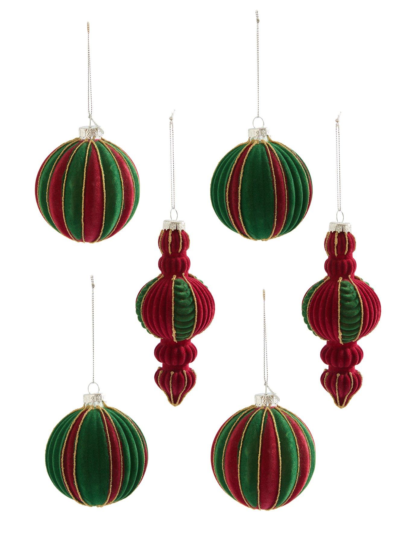 Image 3 of 3 of Festive Pack of 6 Flocked Red/Green Glass Christmas Tree&nbsp;Baubles
