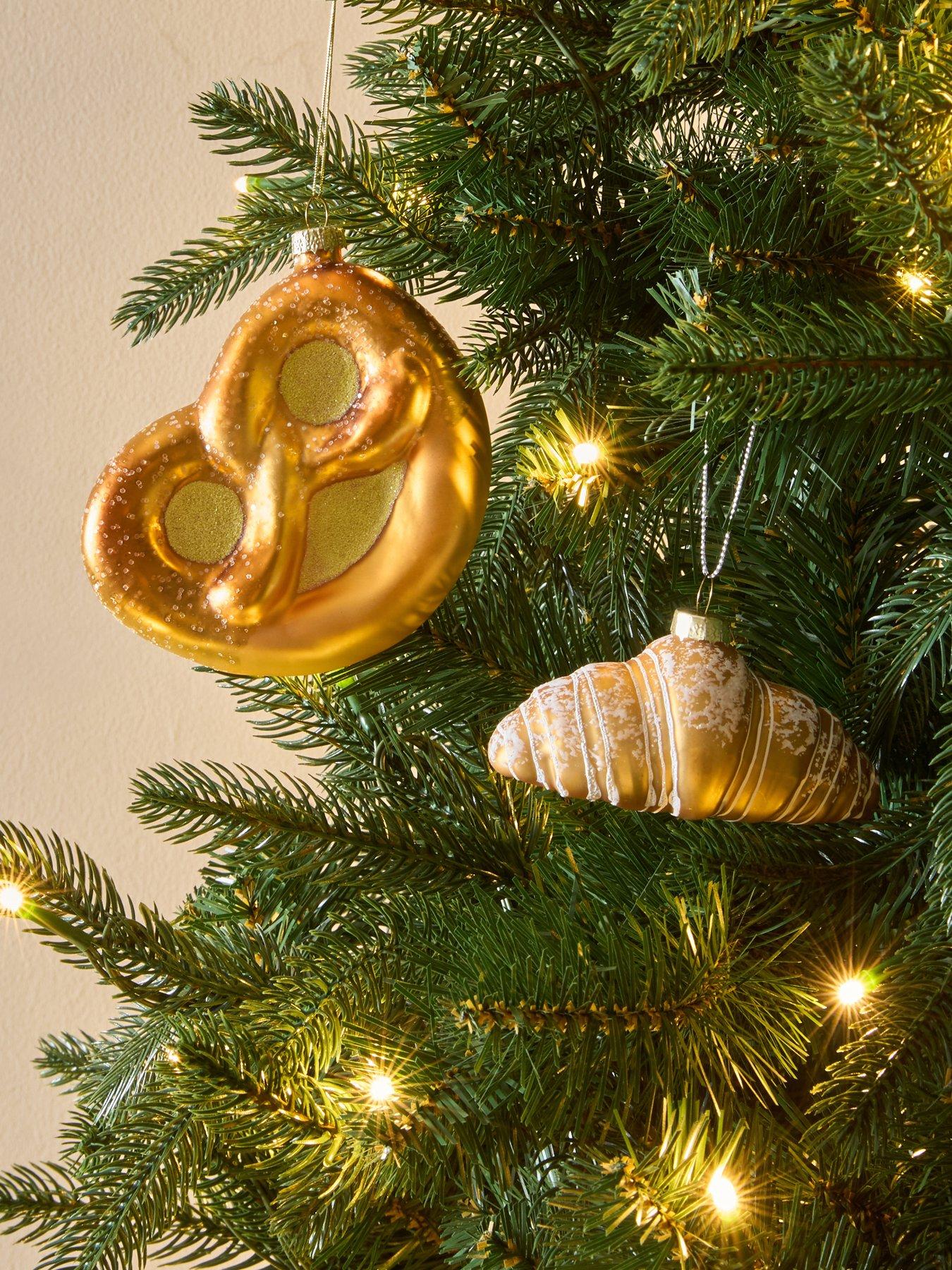 Festive Pack of 2 Pastry Christmas Tree Baubles - Croissant  &  Pretzel