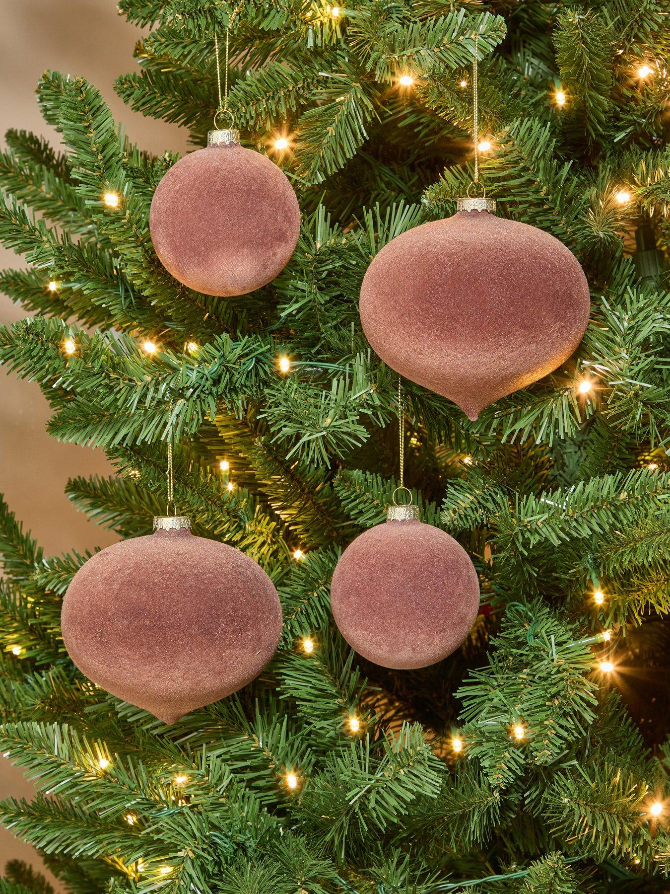 Festive Set of 4 Brown Flocked Christmas Tree Baubles