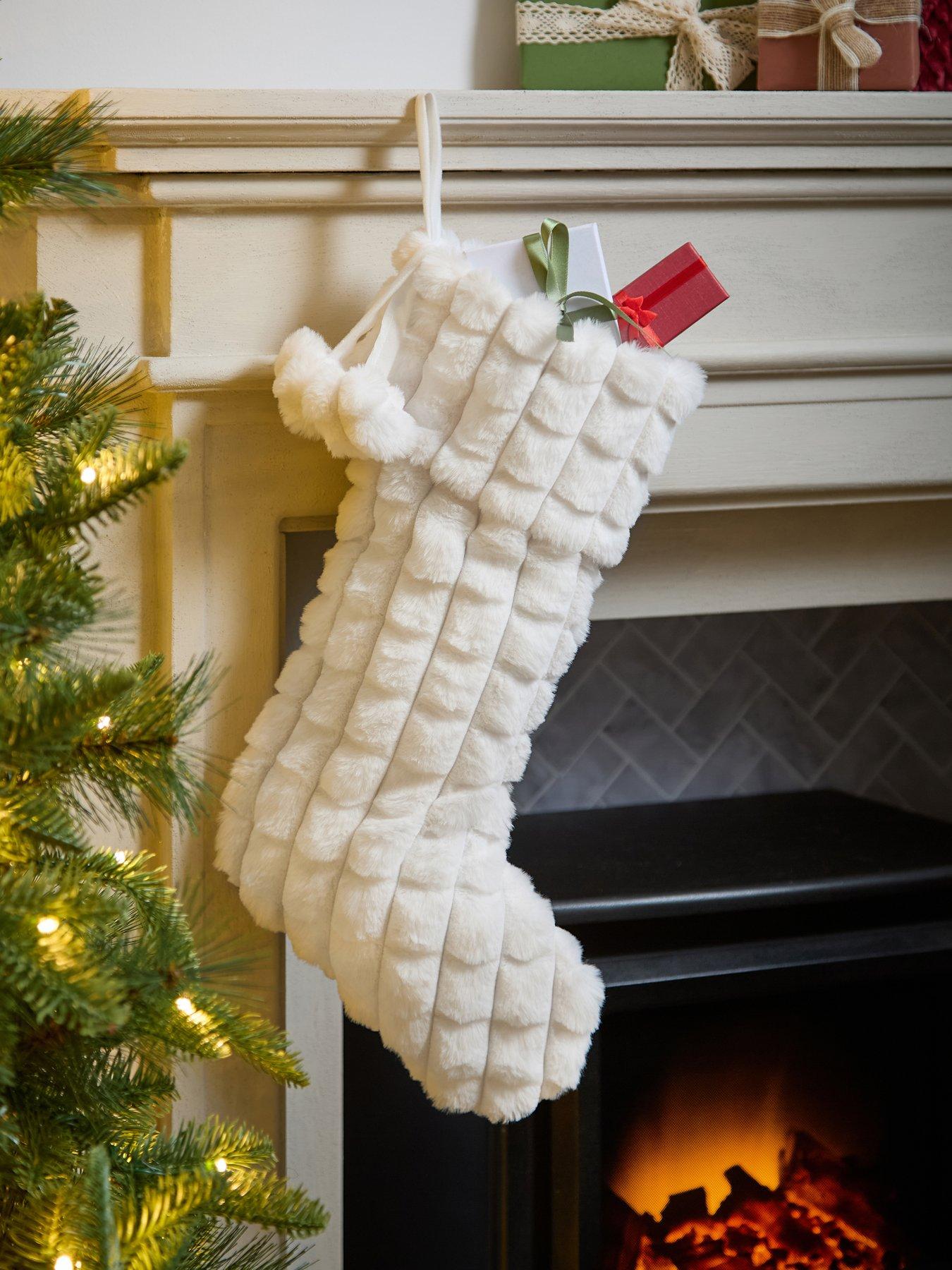 Image 1 of 6 of Festive White Faux Fur Christmas&nbsp;Stocking with Pompoms - 46&nbsp;cm