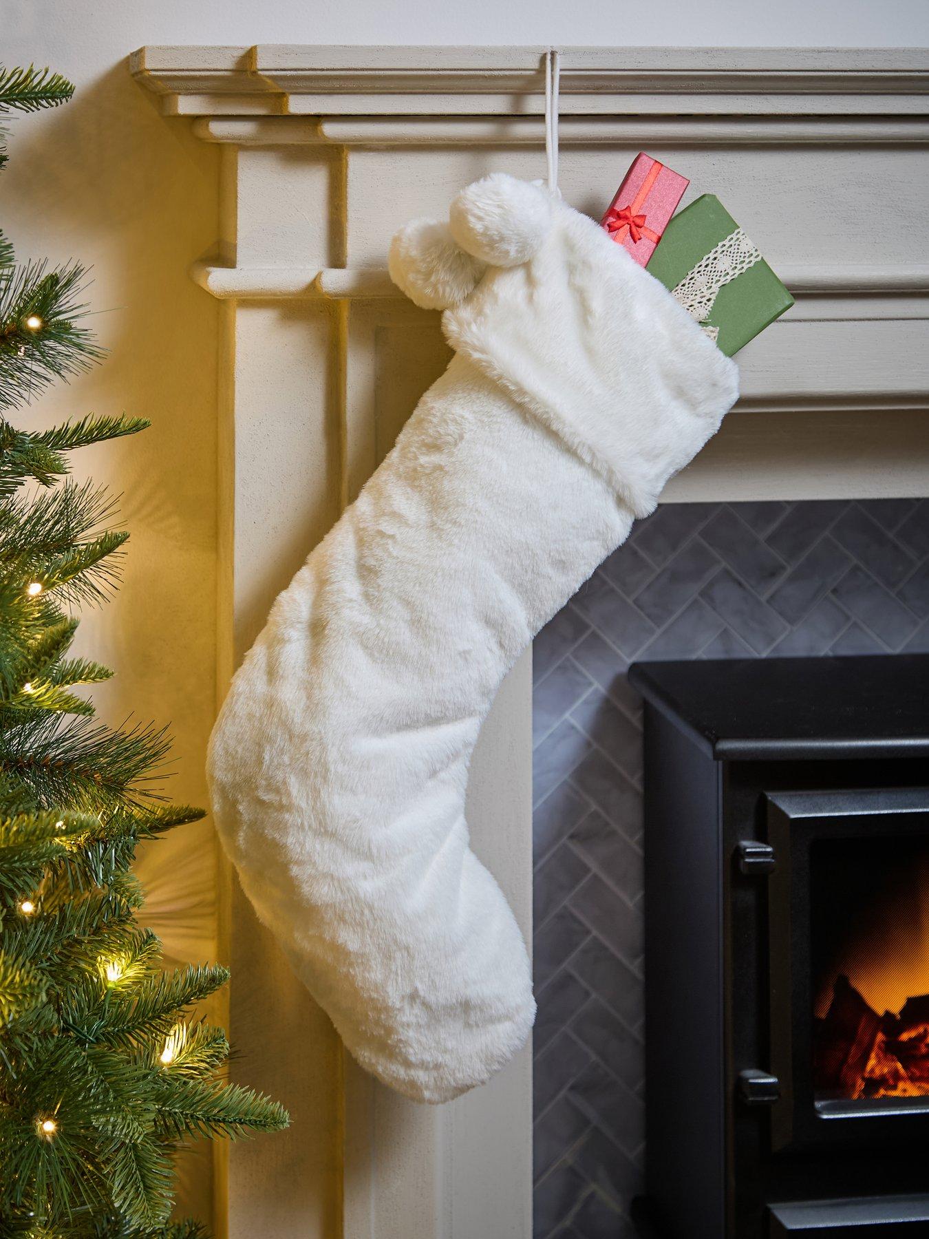 Image 1 of 6 of Festive White Faux Fur Christmas Stocking&nbsp;with Pom Poms&nbsp;-&nbsp;56&nbsp;cm