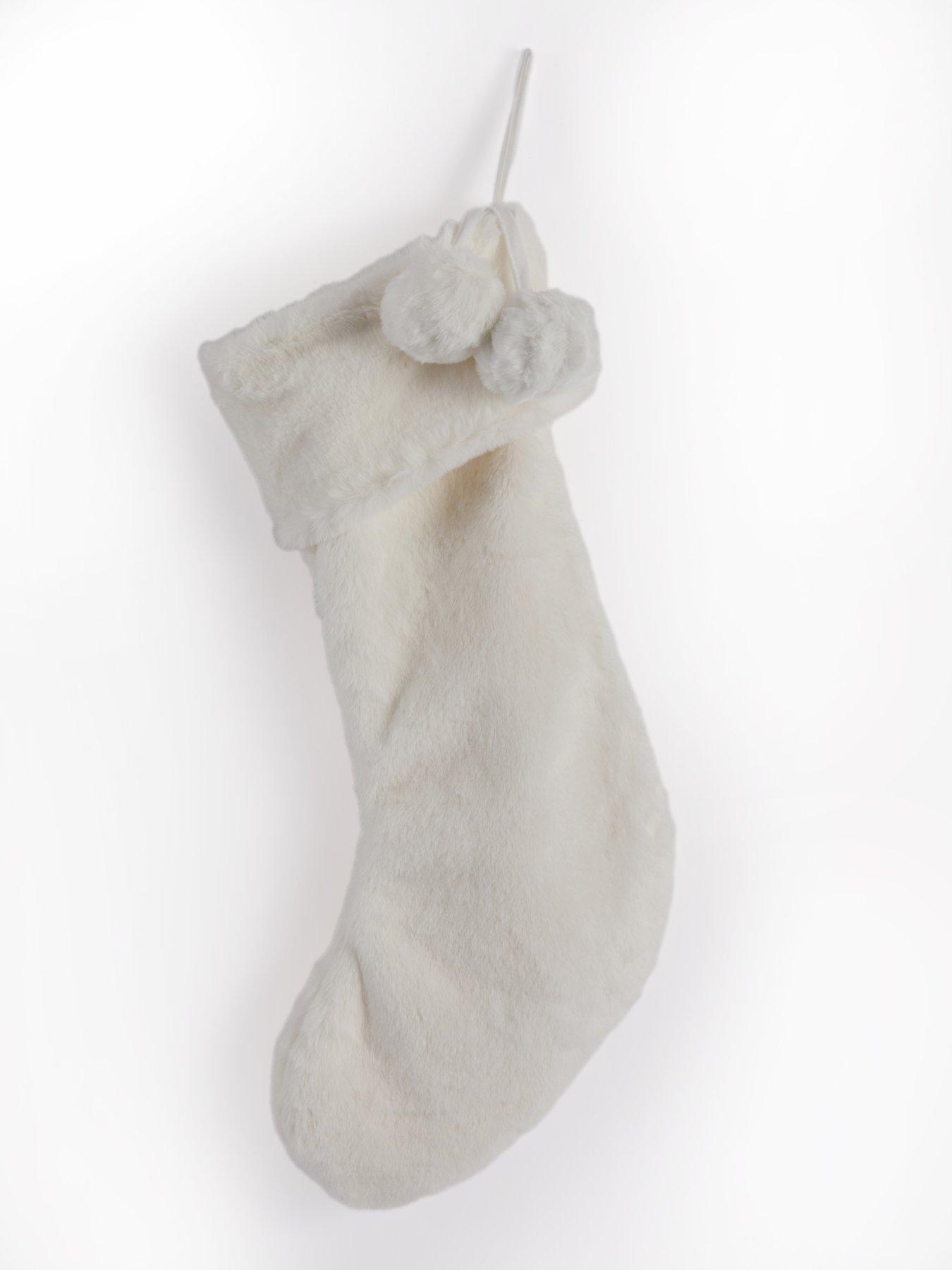 Image 2 of 6 of Festive White Faux Fur Christmas Stocking&nbsp;with Pom Poms&nbsp;-&nbsp;56&nbsp;cm