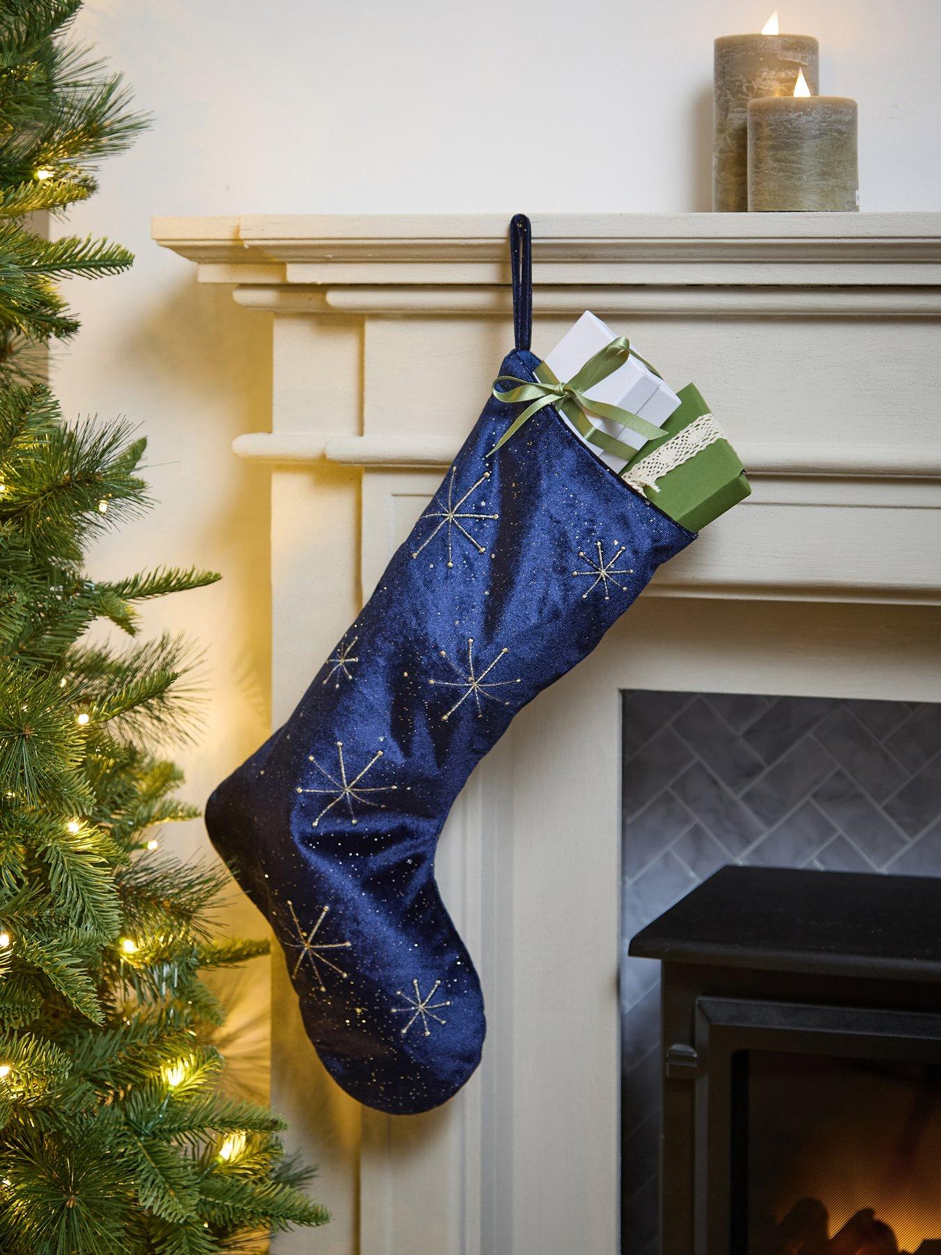 Image 1 of 6 of Festive Dark Navy Christmas Stocking with Gold Starburst Pattern - 55cm